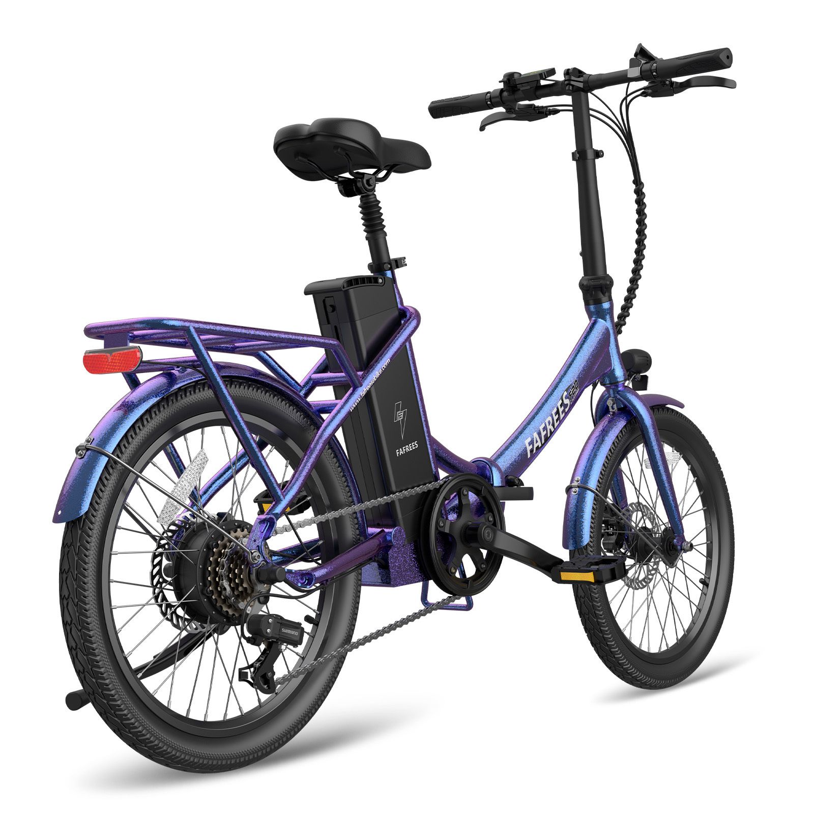 Bicicletta elettrica blu-viola con sella nera e portapacchi. Marchio FAFREES.