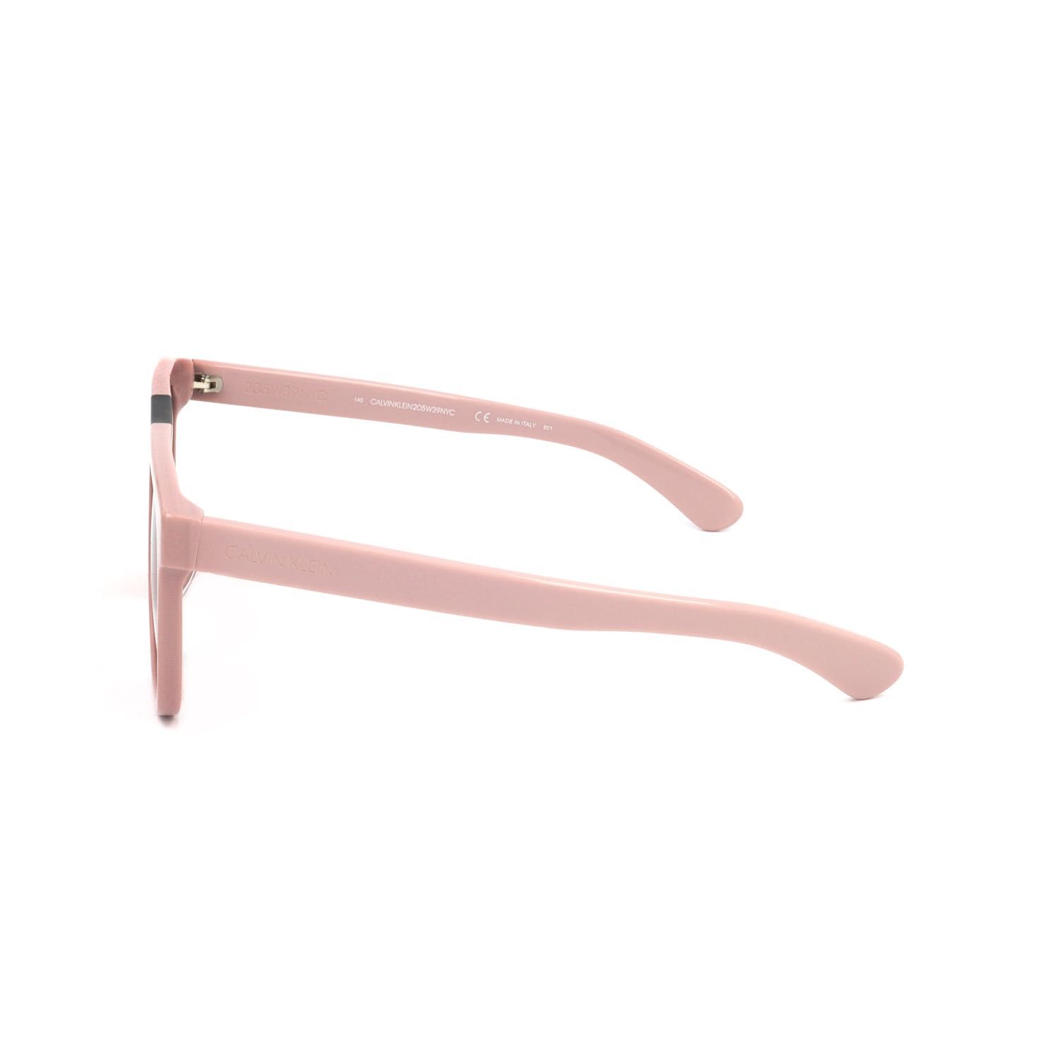 Occhiali da sole unisex rosa con dettaglio tartarugato sulla parte superiore e lenti rosa. Vista laterale.