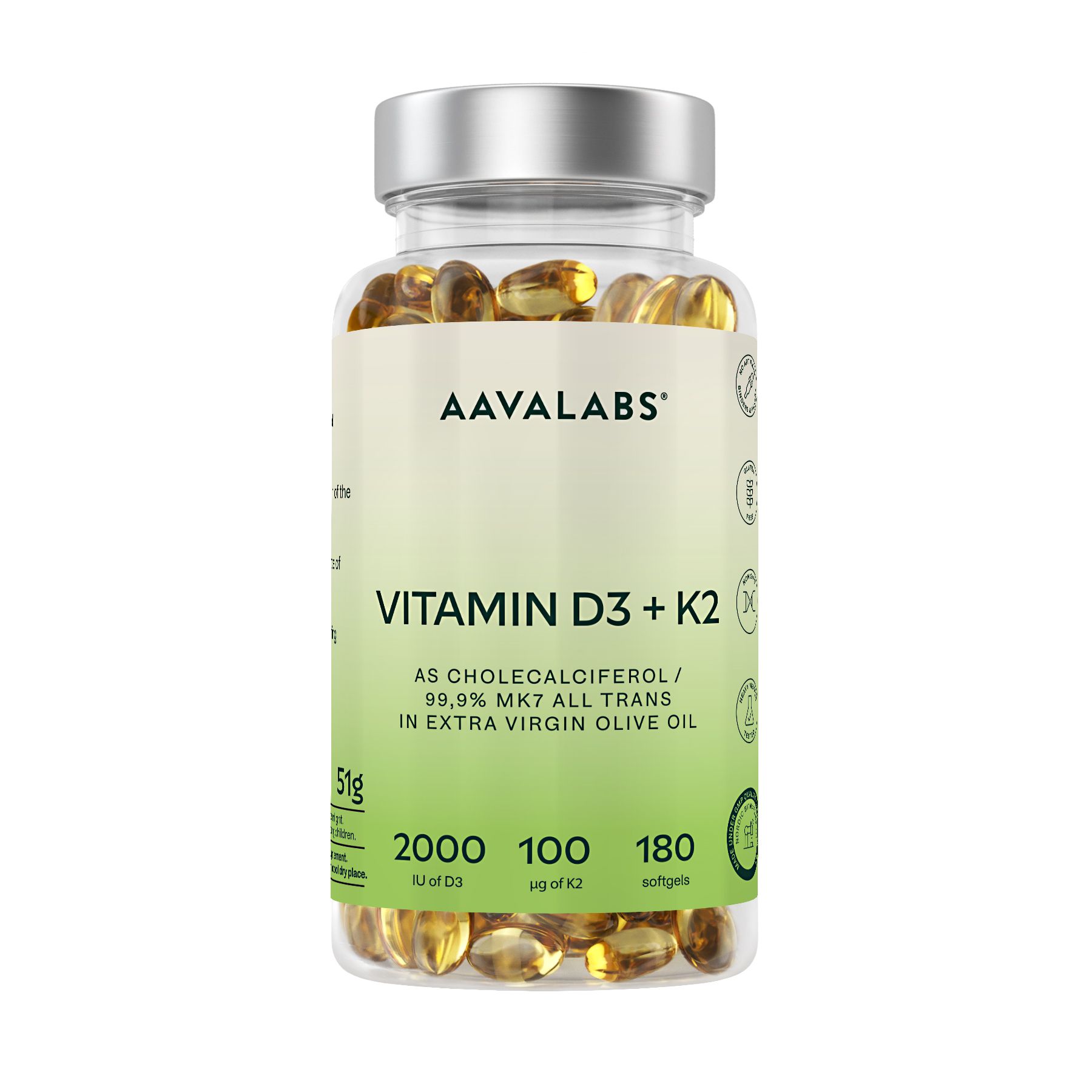 Flacone trasparente con capsule. Scritta: AAVALABS, Vitamina D3 + K2. Contiene 180 softgel.