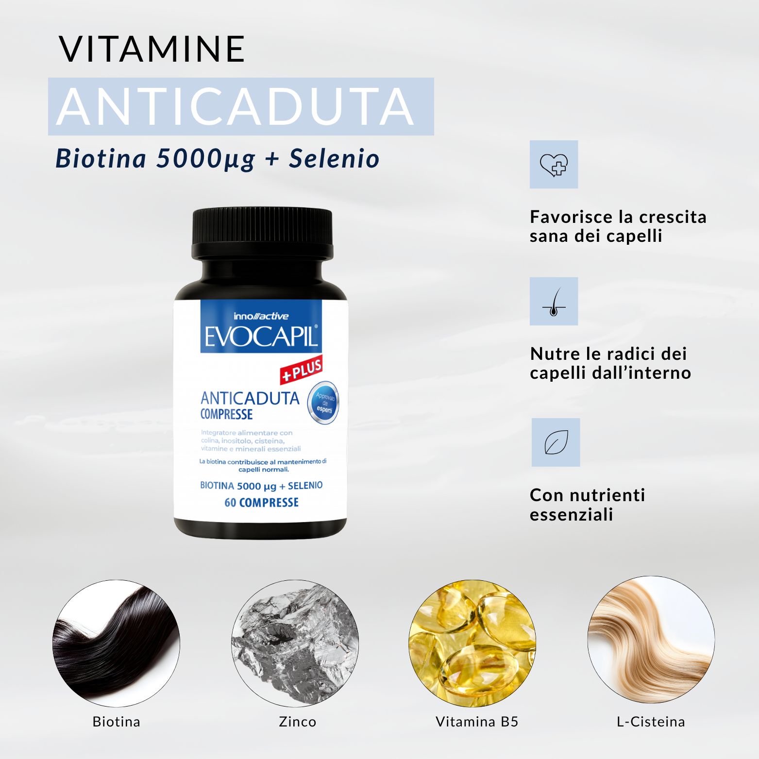 Compresse Evocapil Anticaduta: Stimolano la crescita, nutrono le radici.