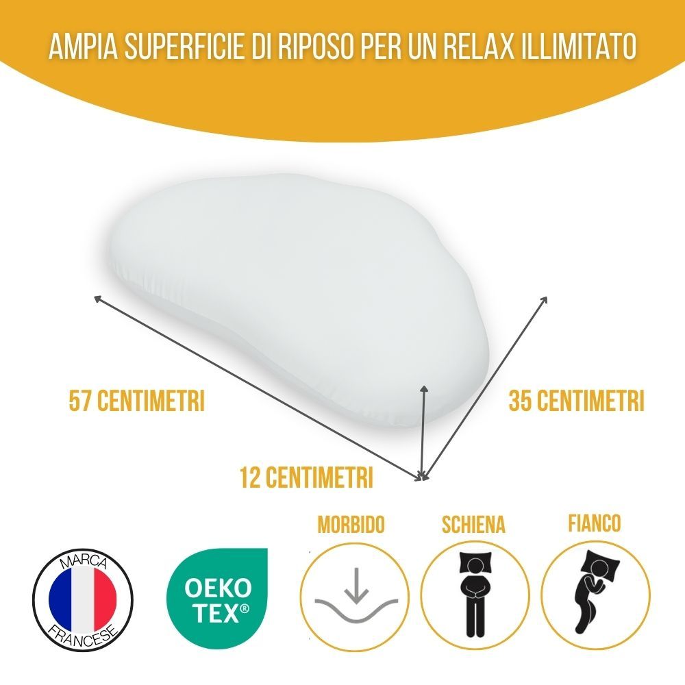 Cuscino bianco con dimensioni. 57x35x12 cm. Morbido, dormienti sulla schiena e sul fianco. Etichetta Oeko-Tex.