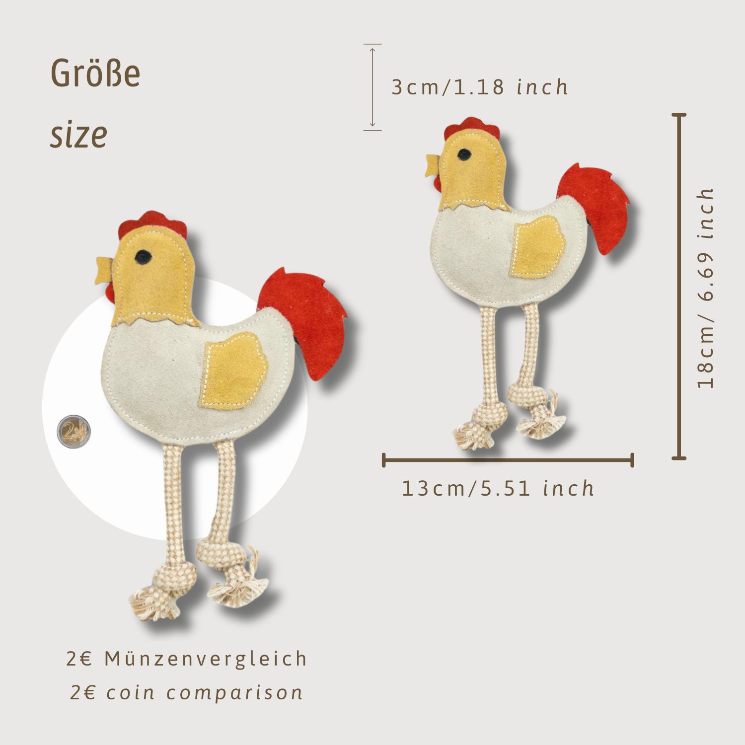 Confronto delle dimensioni del giocattolo per cani. Dimensioni: 18 cm di altezza, 13 cm di larghezza, 3 cm di spessore.