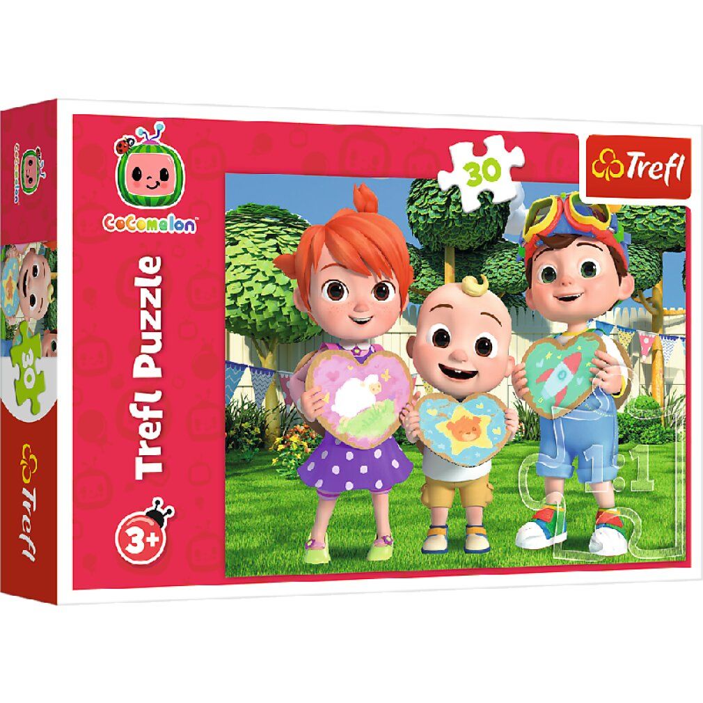 Trefl Puzzle Cocomelon: Giochiamo, 30 pezzi. Confezione rossa con personaggi Cocomelon. Logo Trefl e raccomandazione d'età 3+.
