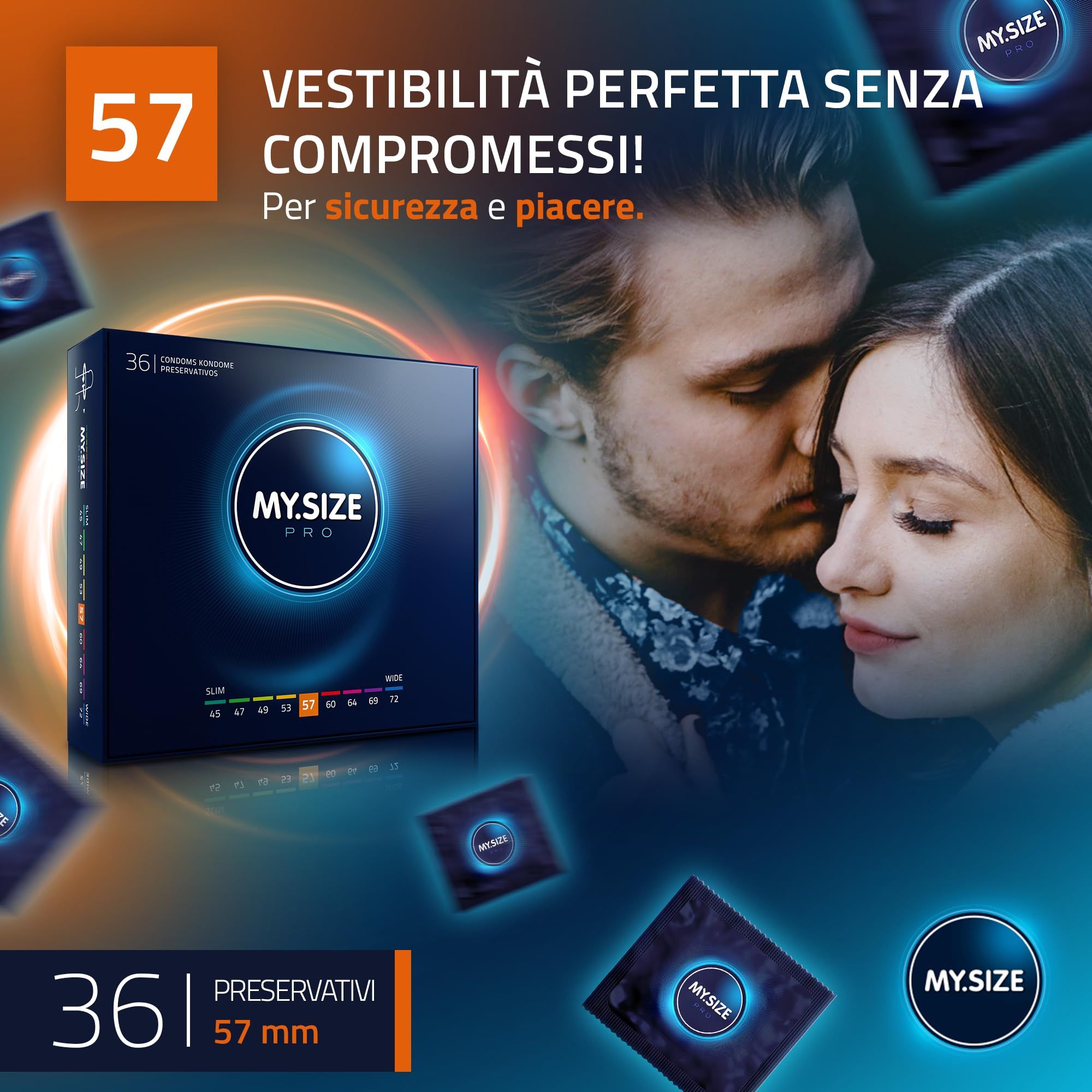 Preservativi MY.SIZE PRO, 36 pezzi, misura 57mm. Vestibilità perfetta senza compromessi.