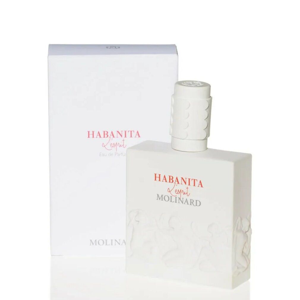 Flacone di profumo bianco con scatola. Scritta Habanita L'Esprit Molinard.