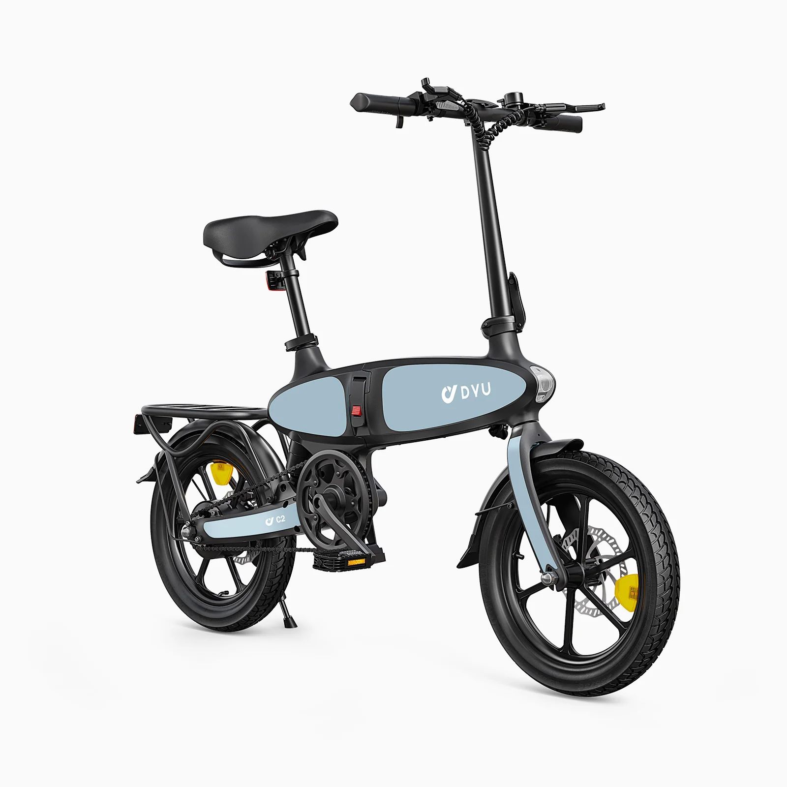 E-bike pieghevole, blu chiaro e nero, con logo DYU. Ha un portapacchi, parafanghi e accenti gialli sulle ruote.