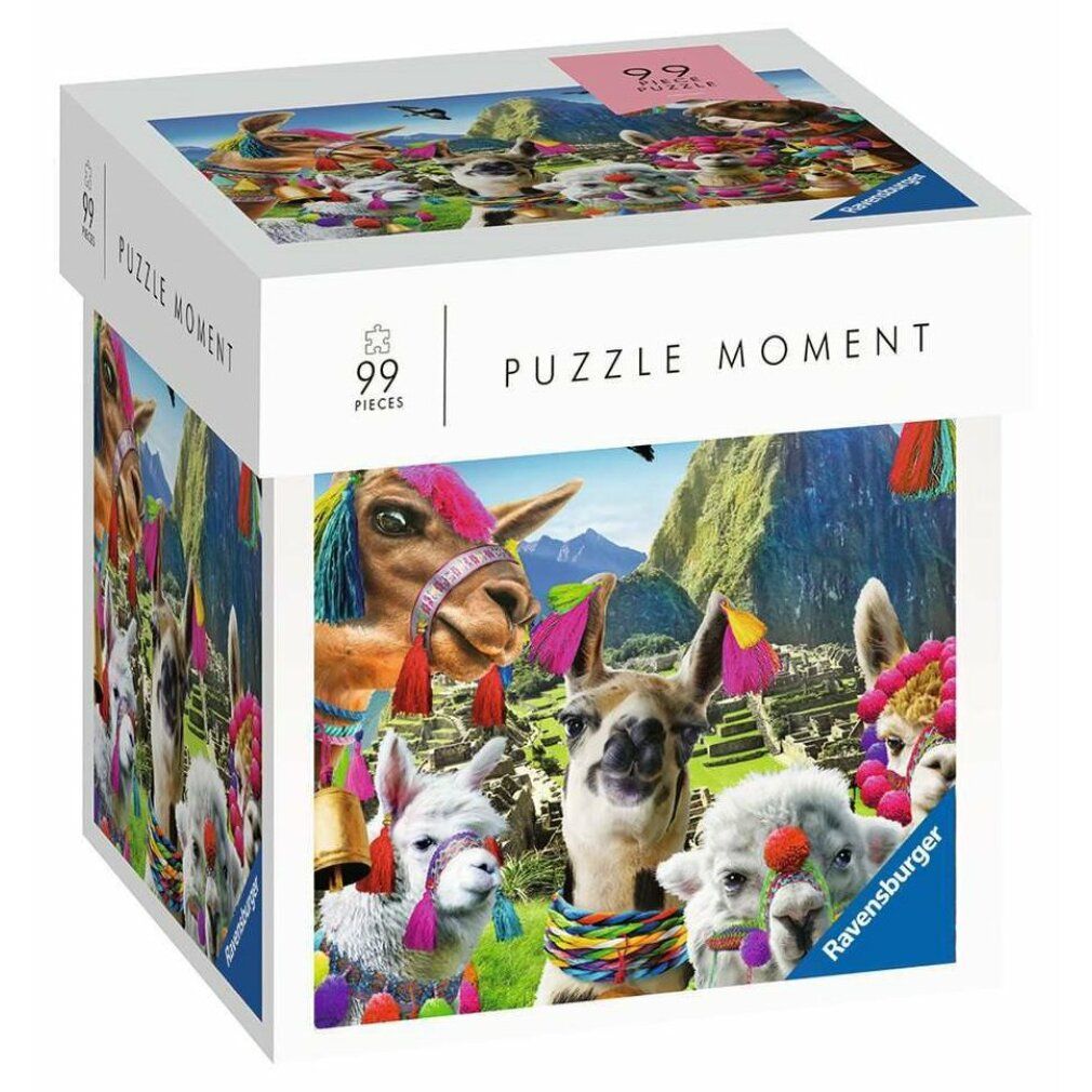 Scatola puzzle da 99 pezzi. Motivo: lama davanti a un paesaggio montano. Scritta: Puzzle Moment, Ravensburger. Confezione con viste del puzzle.