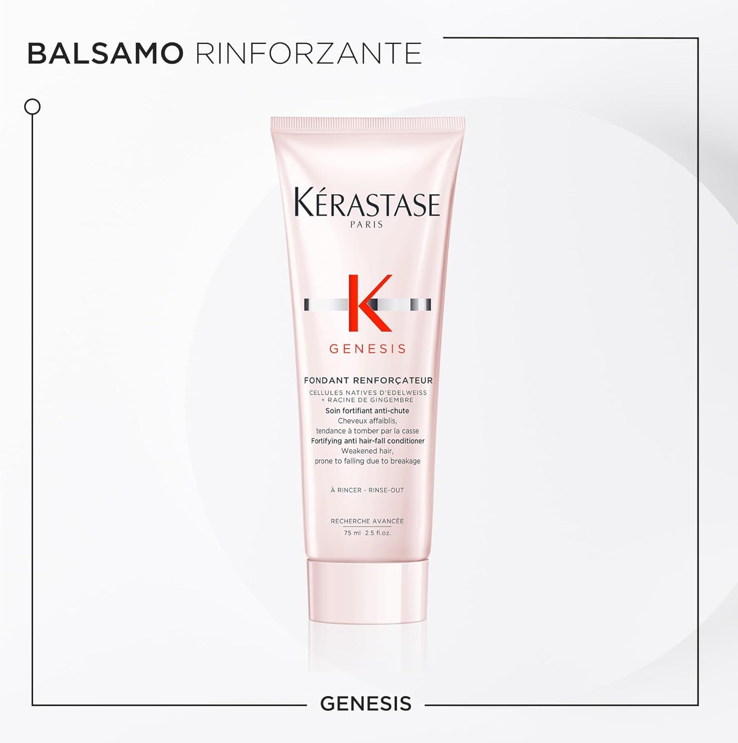 Balsamo Kérastase Genesis. Tubo rosa. Testo: Fondant Renforcateur. Balsamo rinforzante.