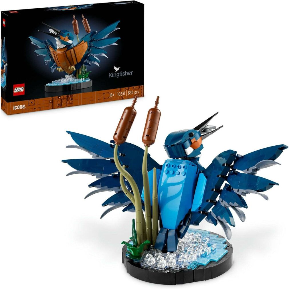 LEGO Icons 10331 Martin Pescatore. Modello blu-arancio con ali spiegate, su base con canne. Confezione sullo sfondo.