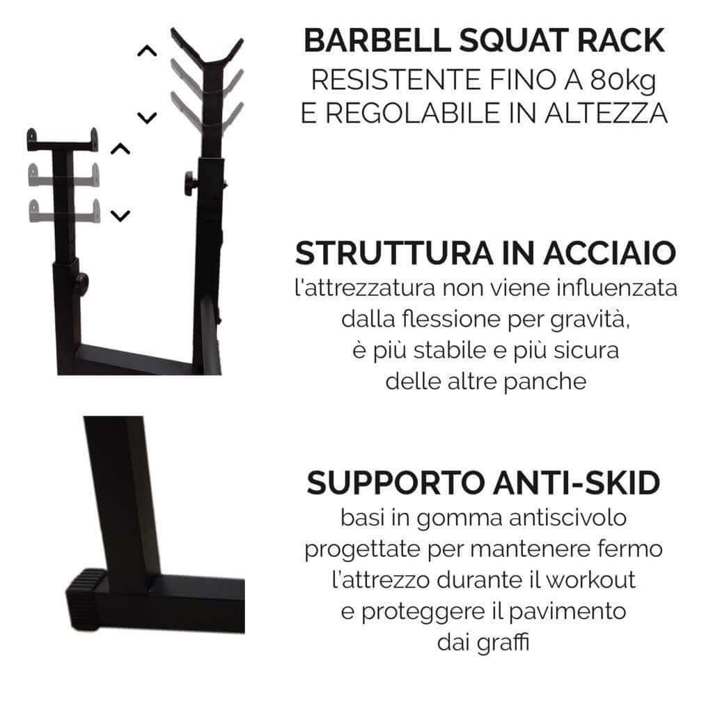 Vista dettagliata del rack per squat con bilanciere. Struttura in metallo nero. Testo: 'BARBELL SQUAT RACK' e 'STRUTTURA IN ACCIAIO'.
