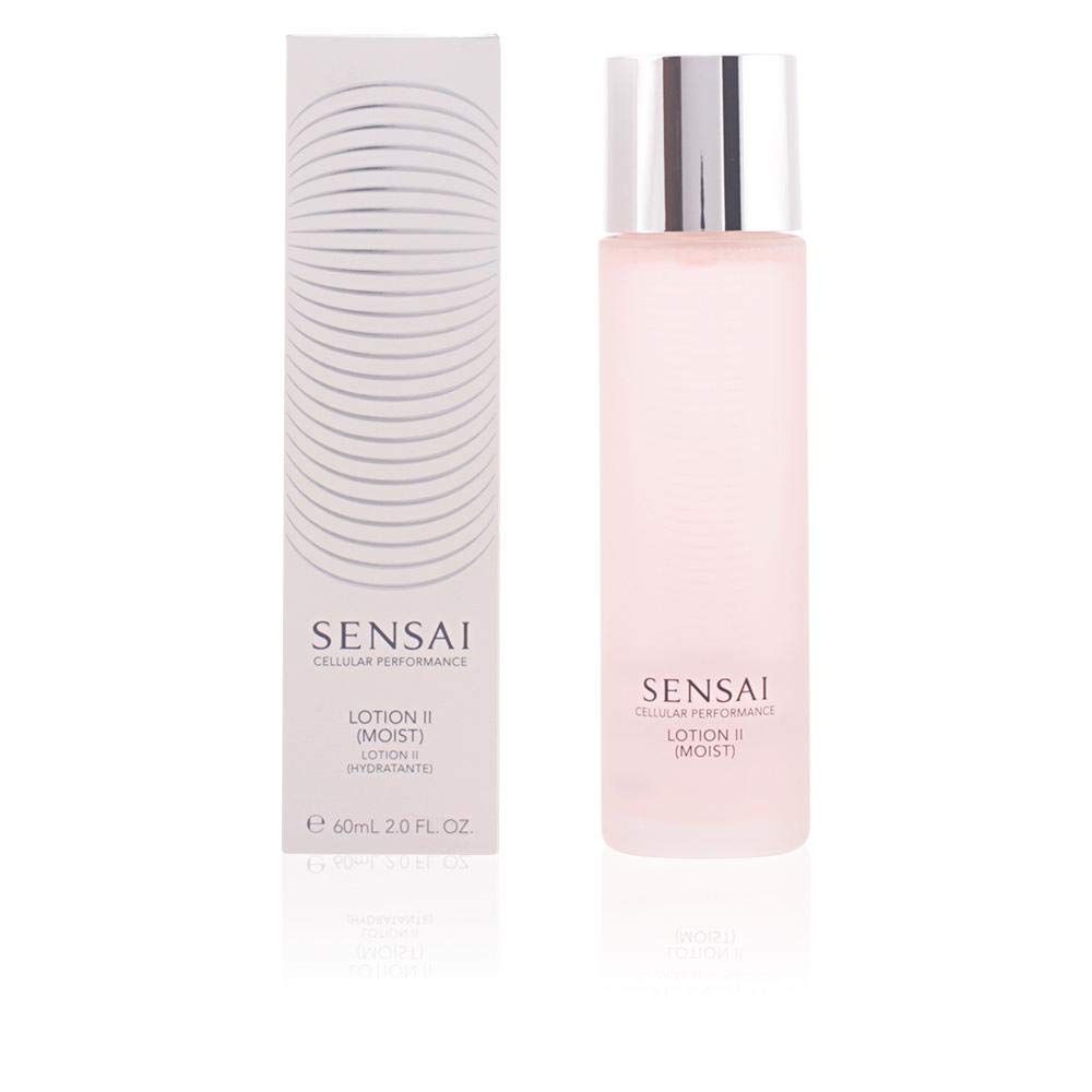 Flacone e confezione Sensai Cellular Performance Lotion II. Flacone con tappo argentato, liquido rosa. Confezione con testo.