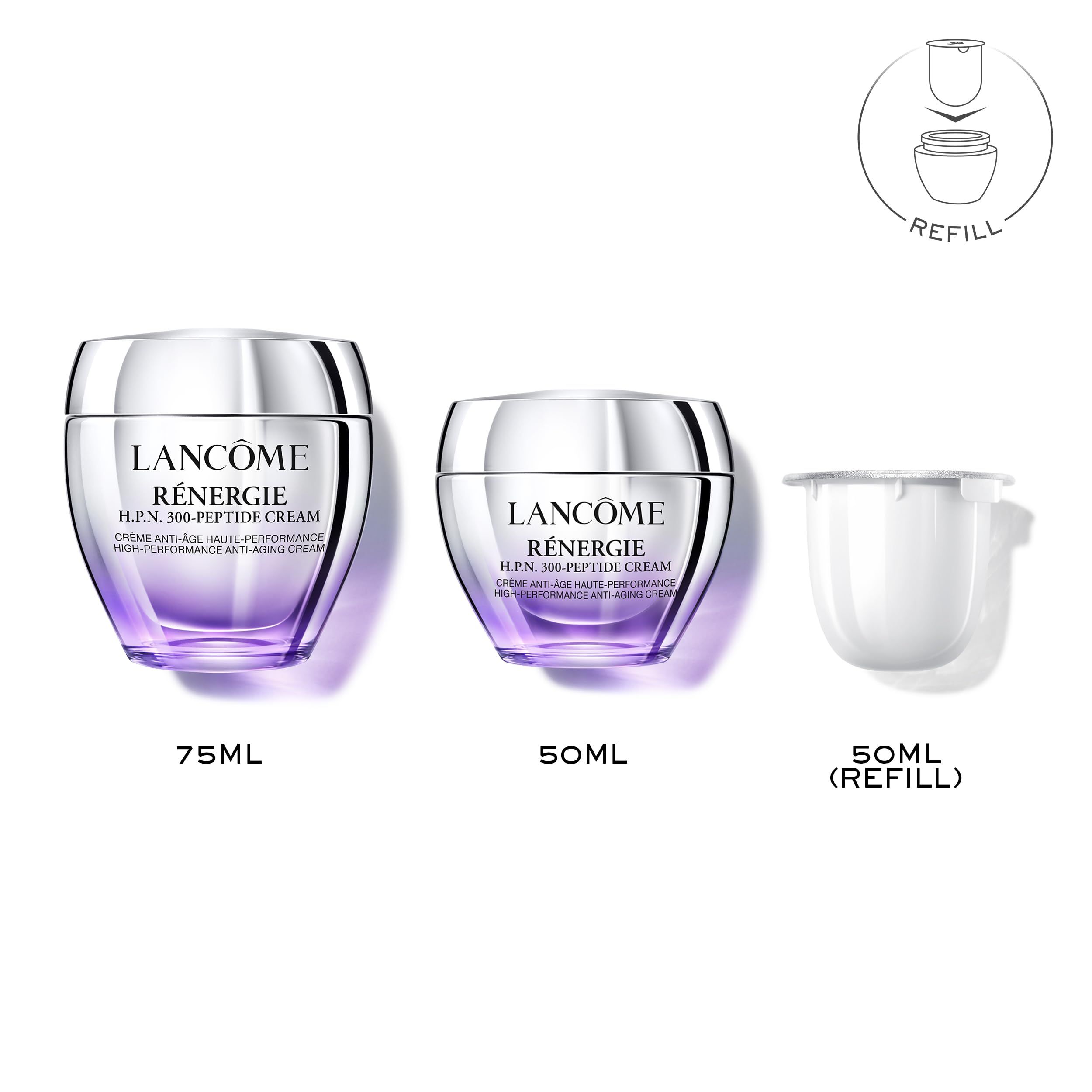 Tre vasetti di crema: 75ml, 50ml, 50ml (ricarica). Scritta: Lancôme Rénergie H.P.N. 300-Peptide Cream. Coperchi argentati, sfumatura viola.