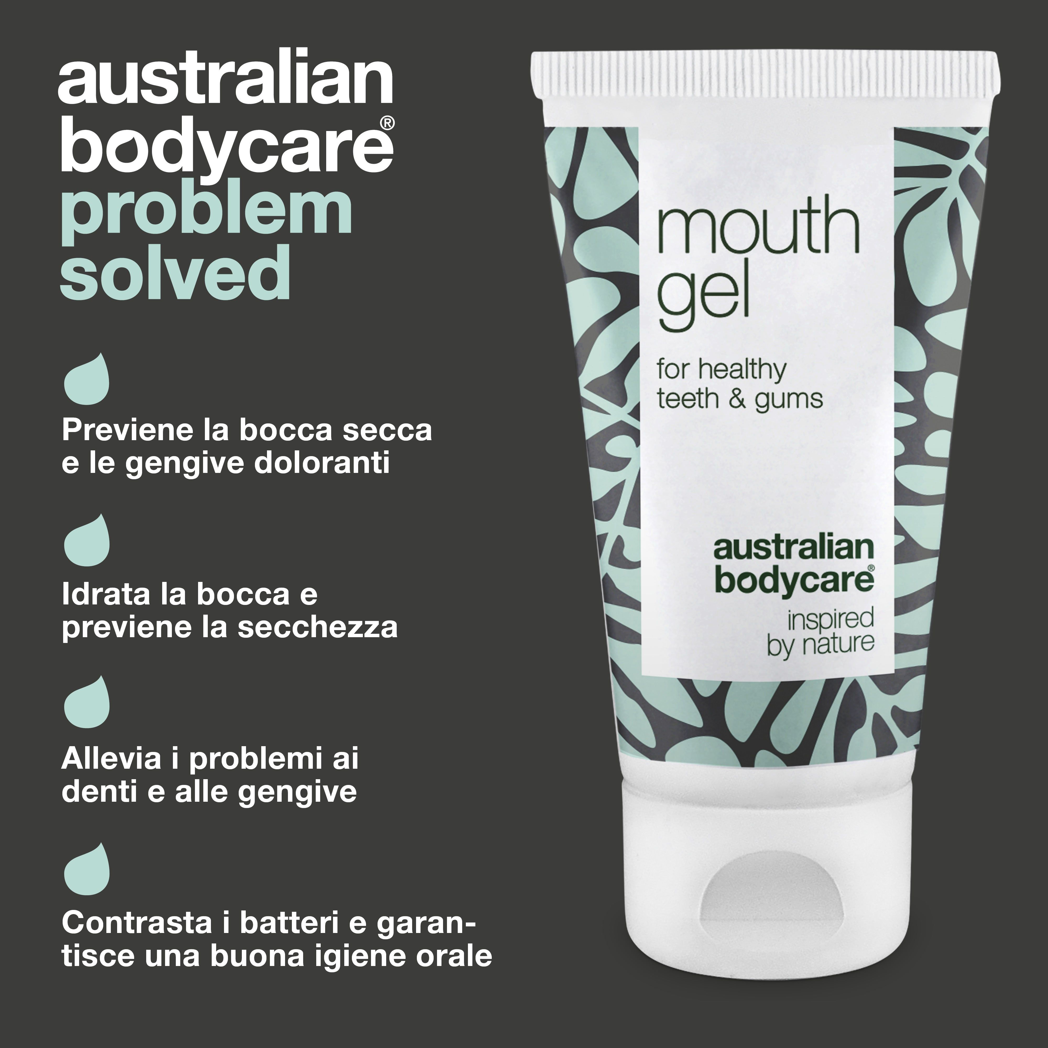 Immagine pubblicitaria: tubo di gel per la bocca. Testo: mouth gel, for healthy teeth & gums, Australian Bodycare.