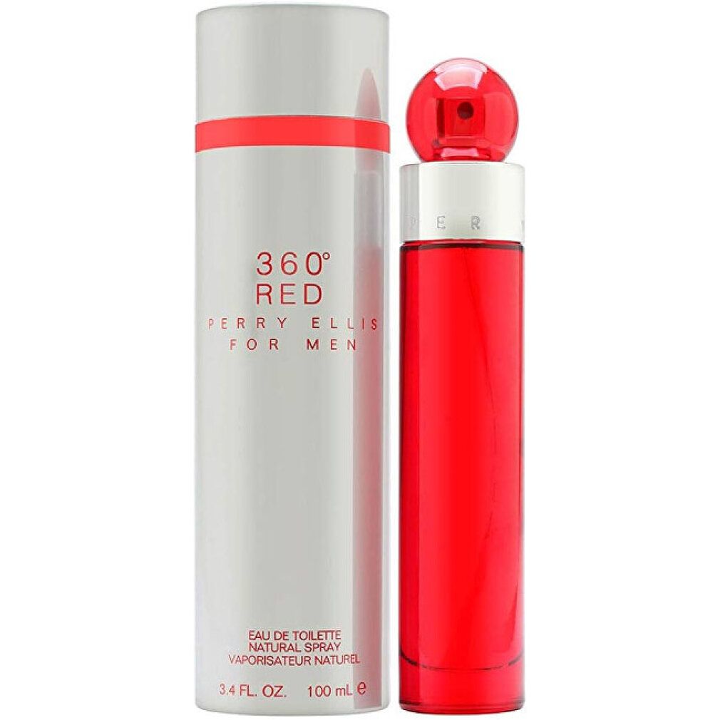 Flacone di profumo rosso e confezione argentata. Scritta: 360° RED PERRY ELLIS FOR MEN. Flacone con tappo rosso.