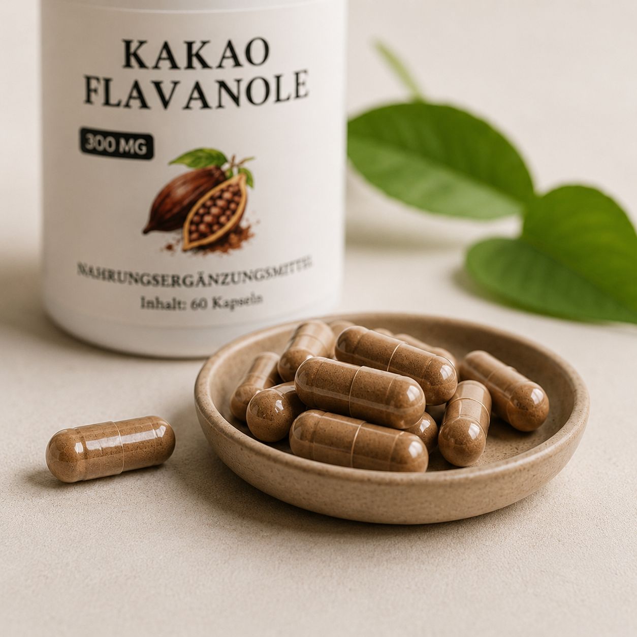 Capsule di flavanoli di cacao su un piattino. Una capsula è accanto.