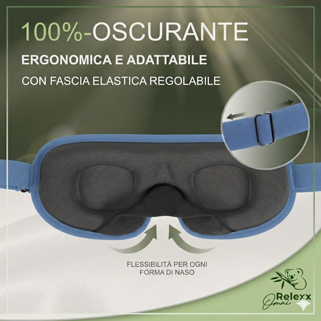 Maschera per dormire blu. Ergonomica, regolabile con fascia elastica. Marchio: Omni Relexx.