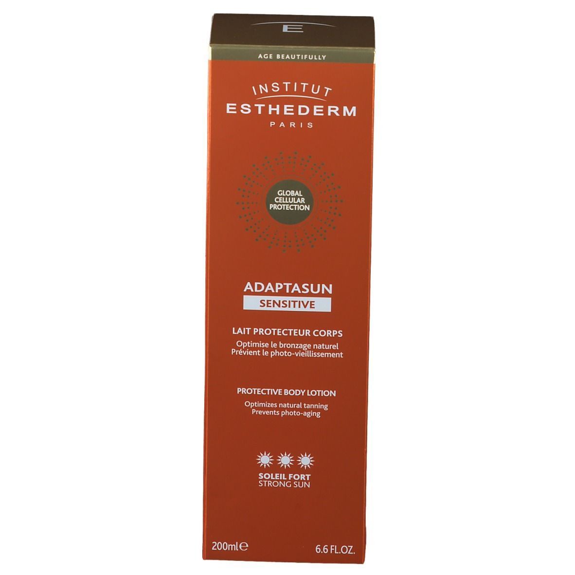 Scatola arancione. Scritte: INSTITUT ESTHEDERM, Adaptasun Sensitive, Lait Protecteur Corps, Soleil Fort. 200ml. Logo Global Cellular Protection.