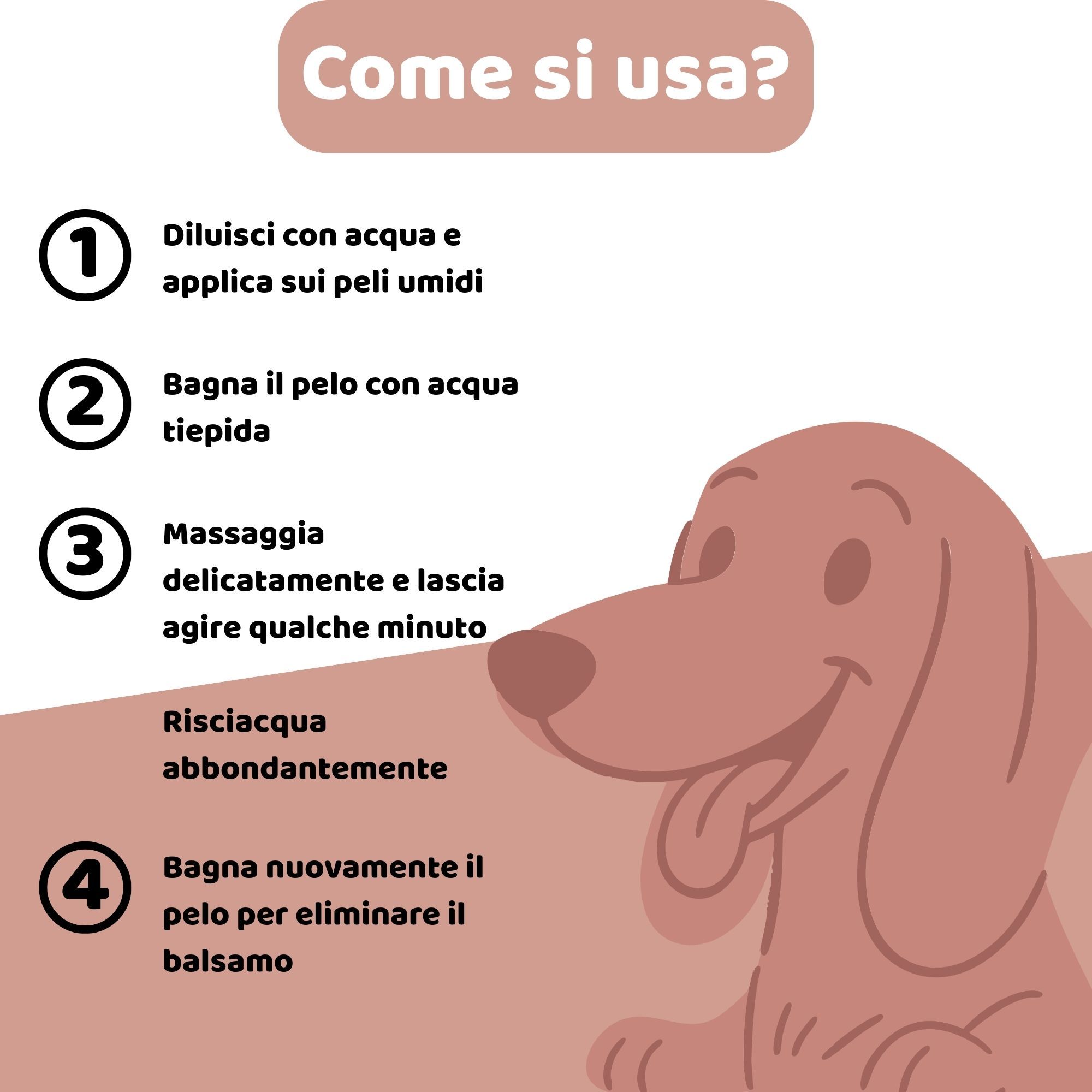 Flacone marrone con tappo nero. Etichetta con nome del prodotto e cane.
