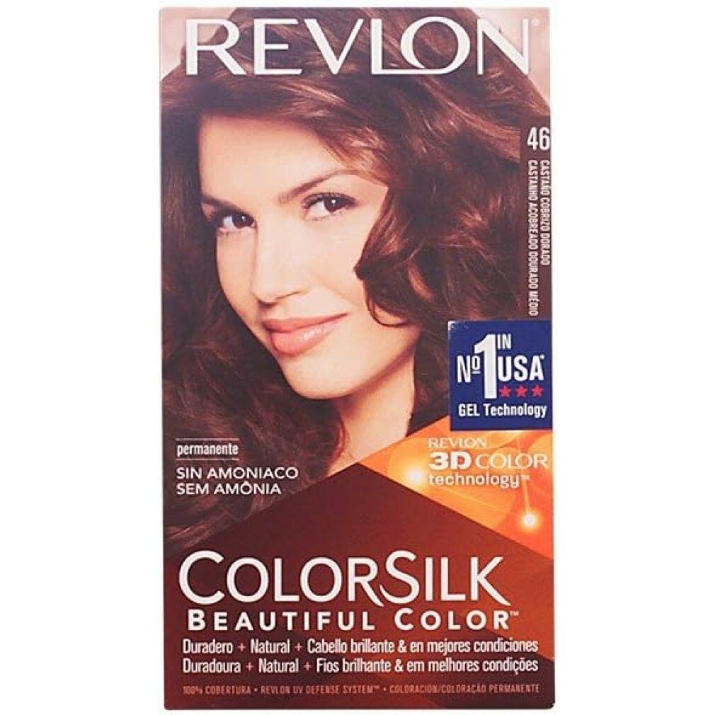 Scatola Revlon Colorsilk. Castano dorato medio. Senza ammoniaca. Donna con capelli castani. Tecnologia 3D Color.