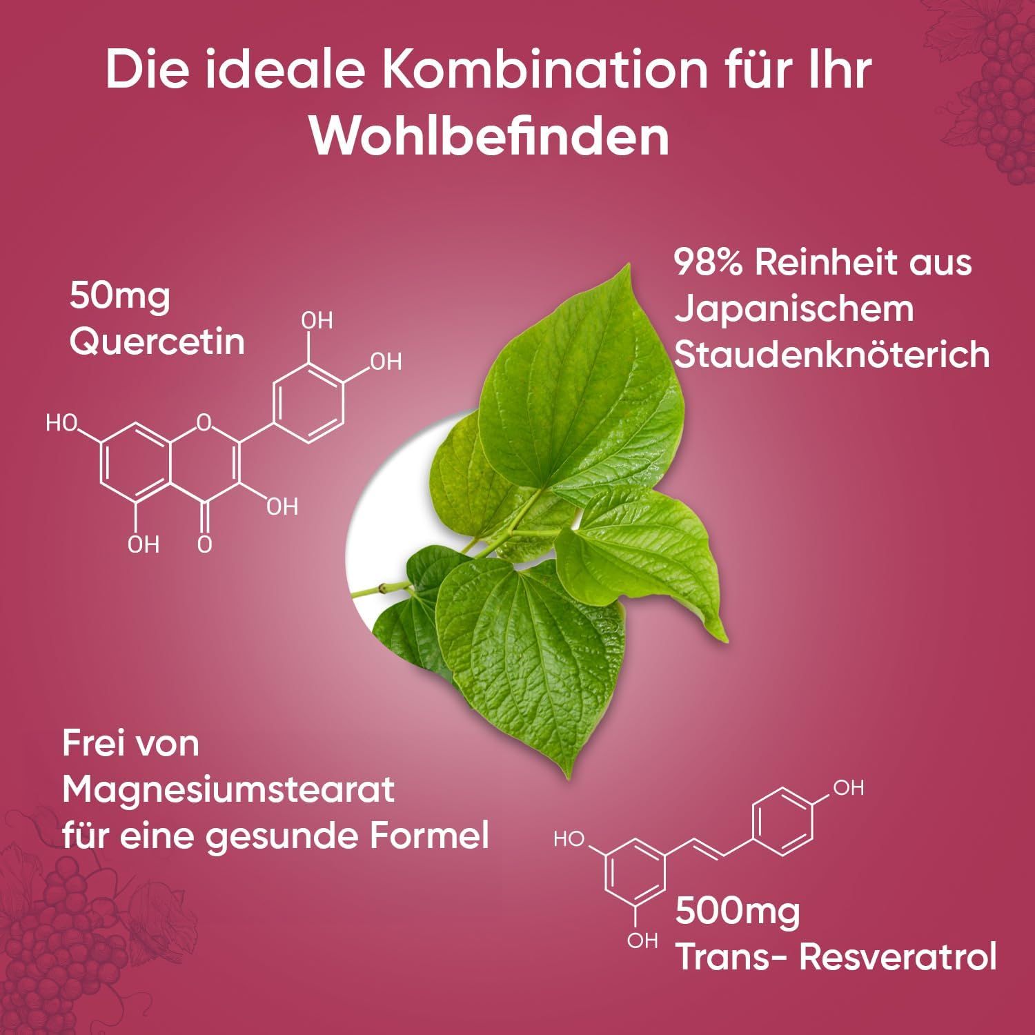 Grafico con ingredienti. 50mg Quercetina, formula chimica. 500mg Trans-Resveratrolo, formula chimica. Foglie.