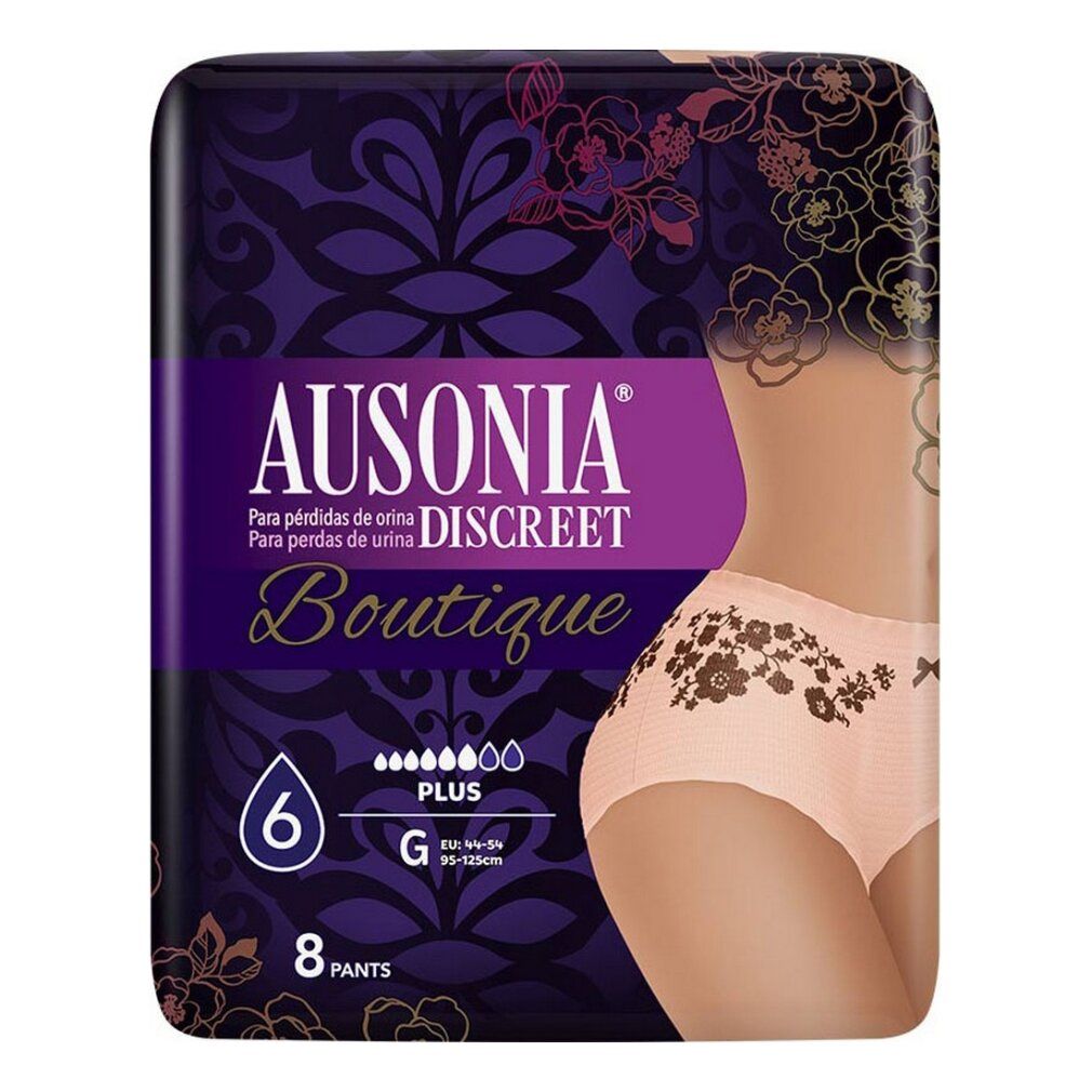 Confezione Ausonia Discreet Boutique. Scritta: 8 Pants, taglia G, 6 gocce. Illustrazione di donna con slip.