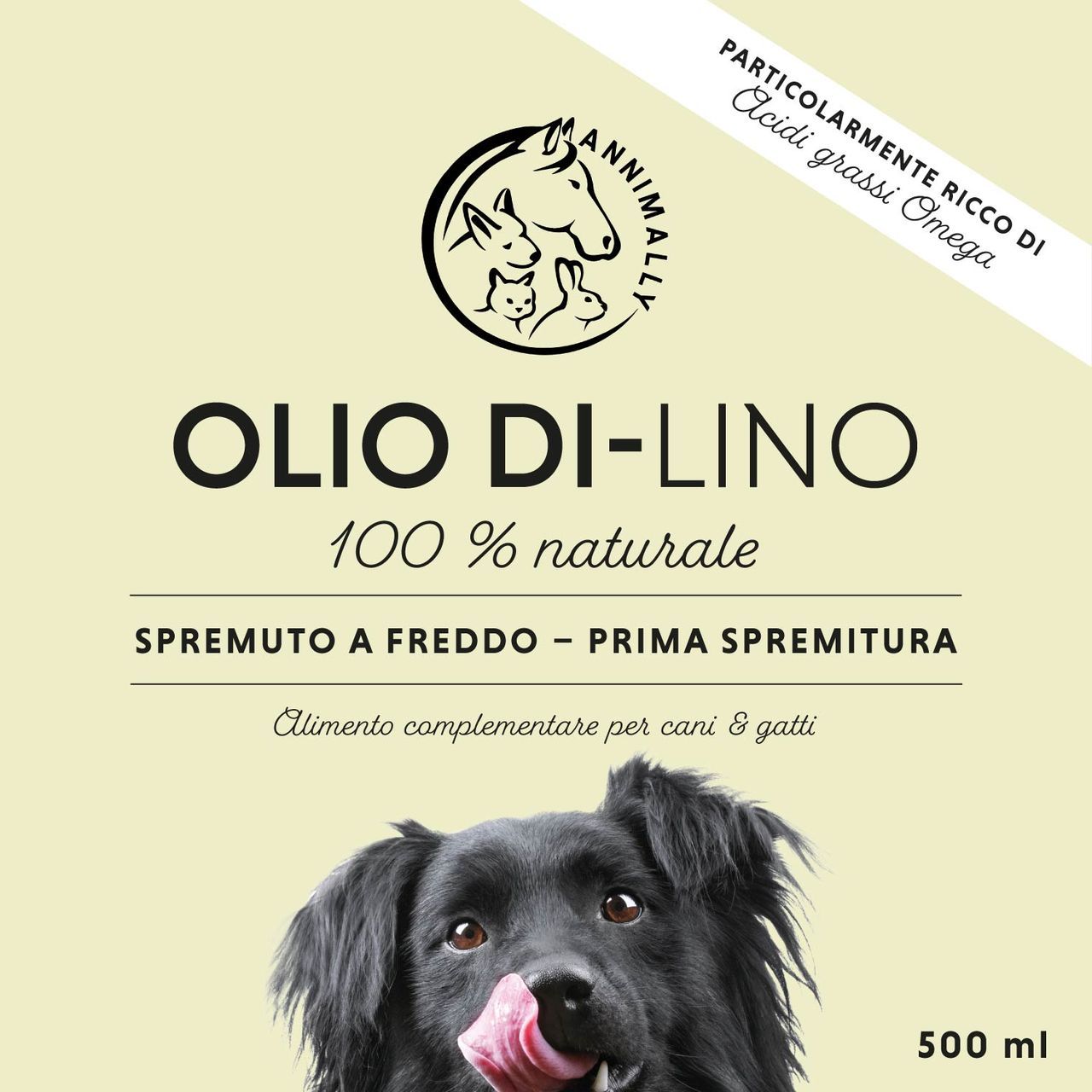 Etichetta con nome del prodotto: Olio di lino. 100% naturale. Con cane. 500 ml.