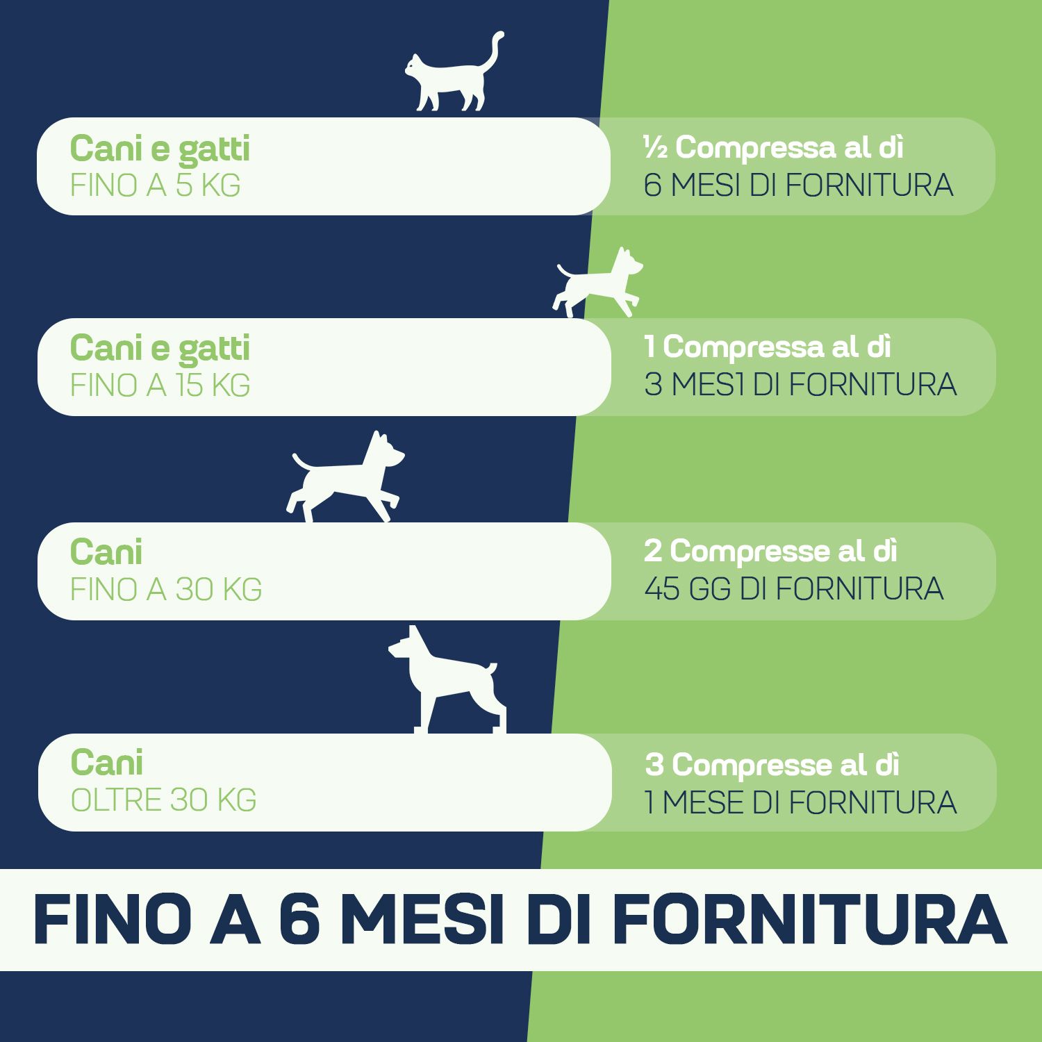 Dosaggio per cani e gatti fino a 5 kg: ½ compressa per 6 mesi.