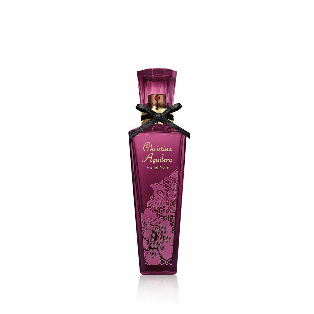 Flacone Christina Aguilera Violet Noir Eau de Parfum con fiocco nero.