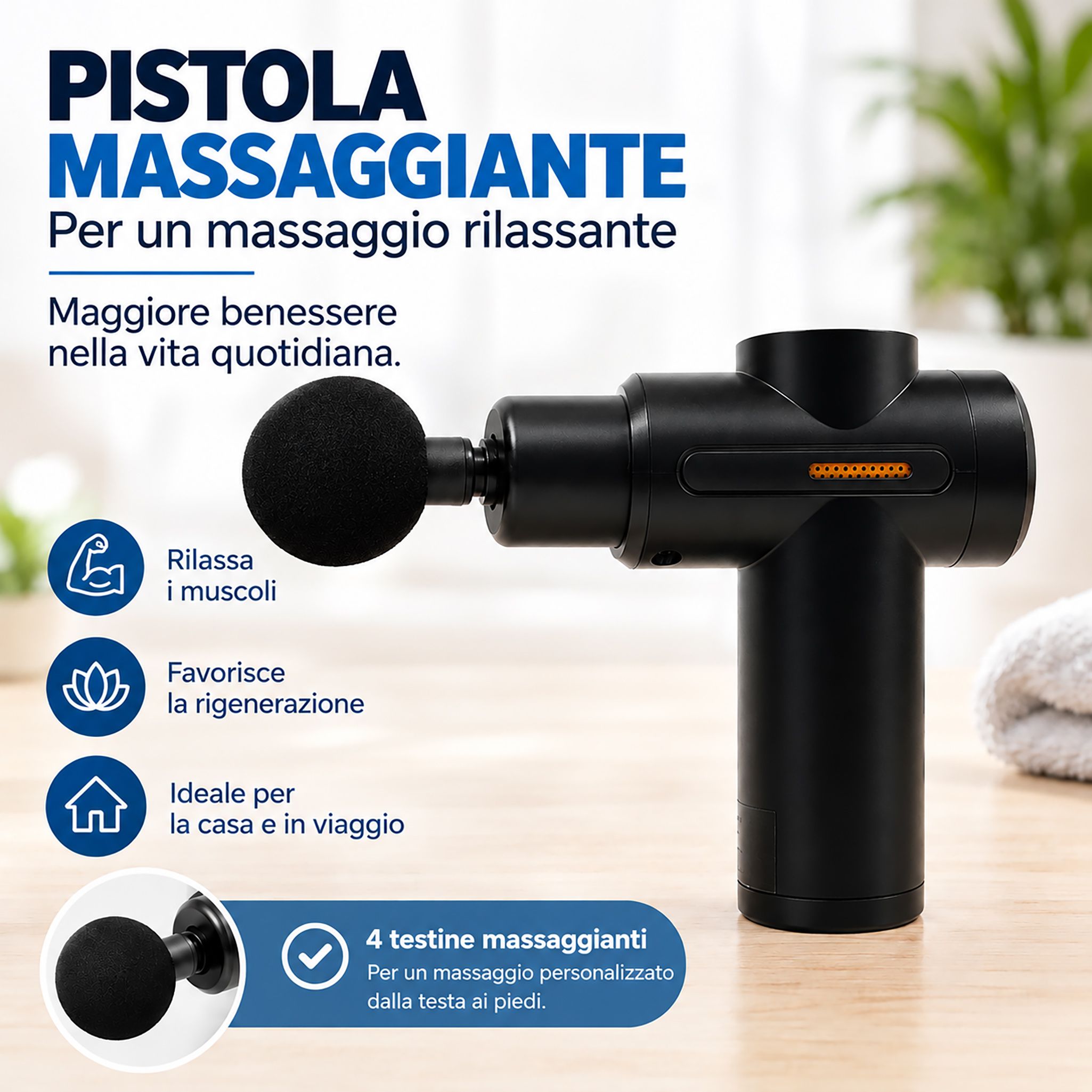 Pistola massaggiante nera con testina rotonda e display arancione. Include 4 testine per massaggi personalizzati.