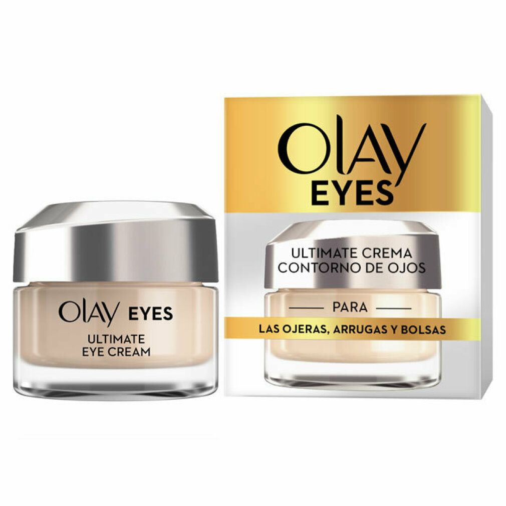 Olay Eyes Ultimate Eye Cream. Vasetto di crema con coperchio argentato e scatola. Testo: Olay Eyes, Ultimate Eye Cream, Contorno de Ojos.