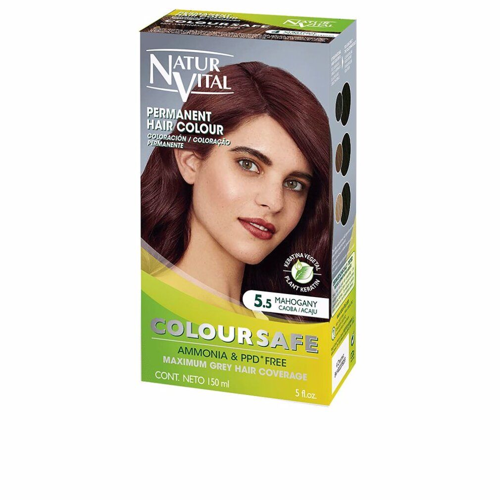 Confezione di Naturaleza y Vida Coloursafe Permanente. Immagine di donna con capelli castani. Testo: Coloursafe, 5.5 Mahogany Caoba.