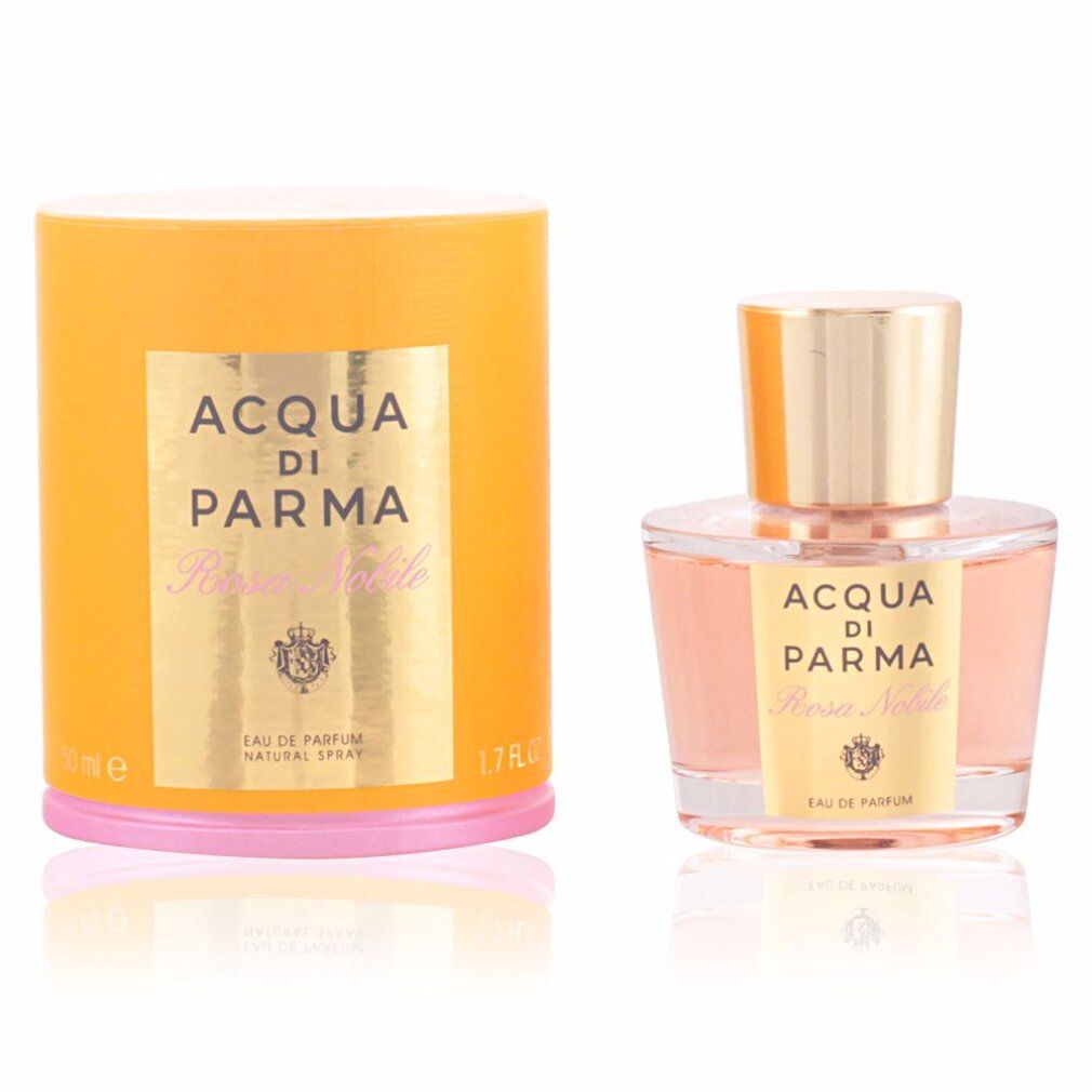 Flacone di profumo e confezione. Tappo dorato, liquido rosa. Scritta: Acqua di Parma Rosa Nobile.