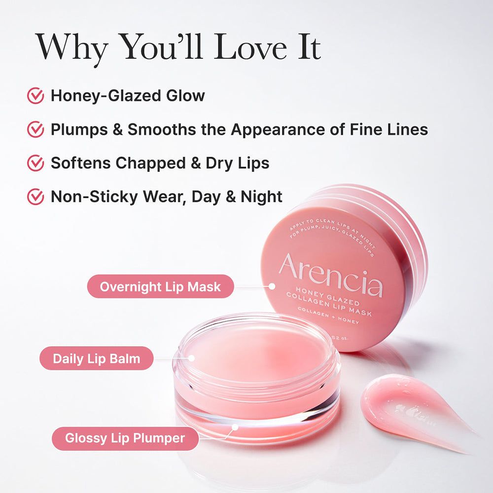 Maschera labbra ARENCIA: barattolo e contenitore aperto con maschera rosa.