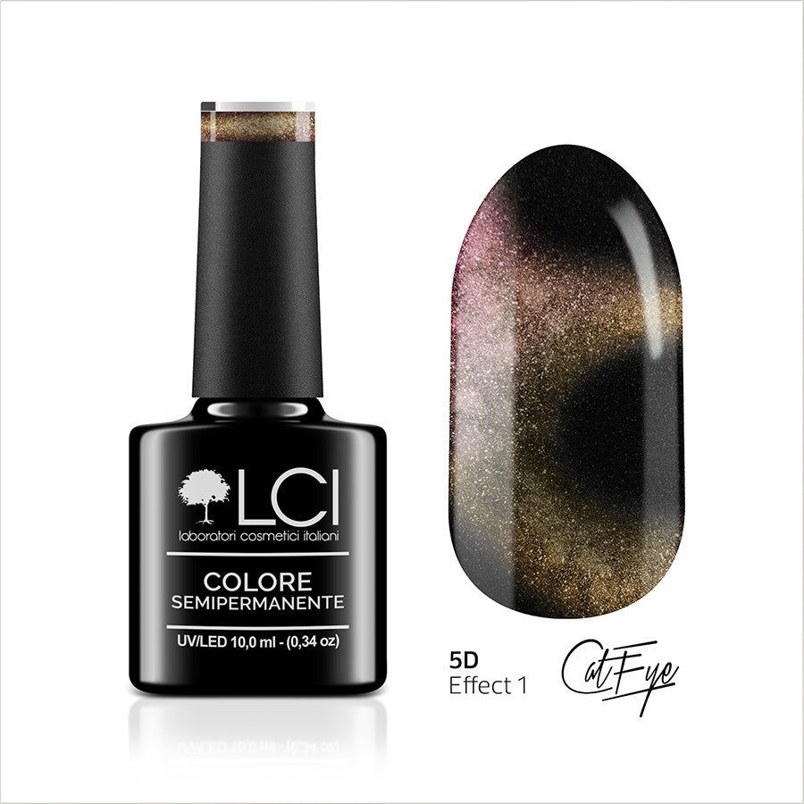 Flacone di smalto con tappo nero e campione. Scritta: LCI, COLORE SEMIPERMANENTE, UVLED 10,0 ml. Campione: 5D Effect 1 Cat Eye.