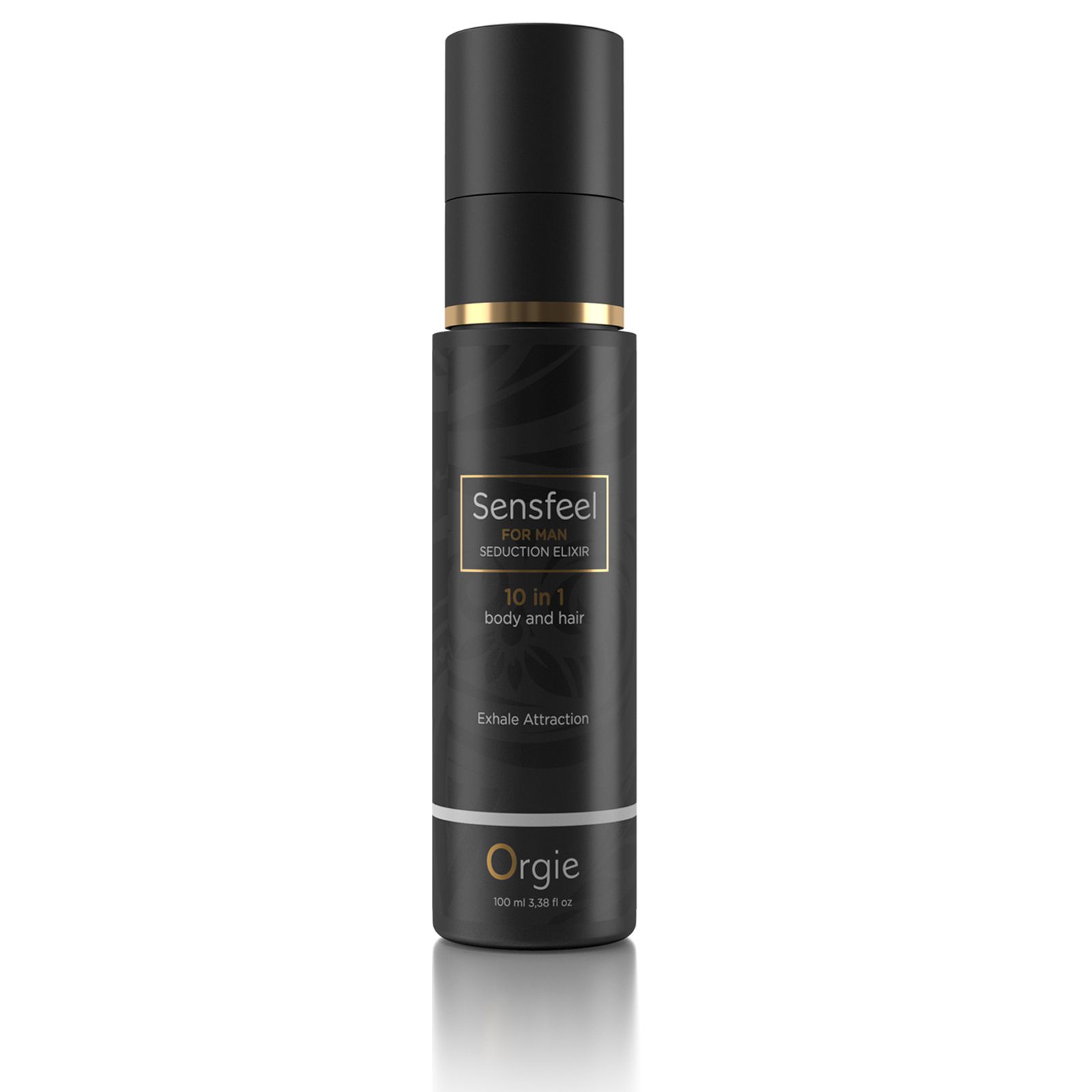 Flacone nero con dettagli dorati. Scritta: Sensfeel for Man, 10 in 1 body and hair. Marchio: Orgie.