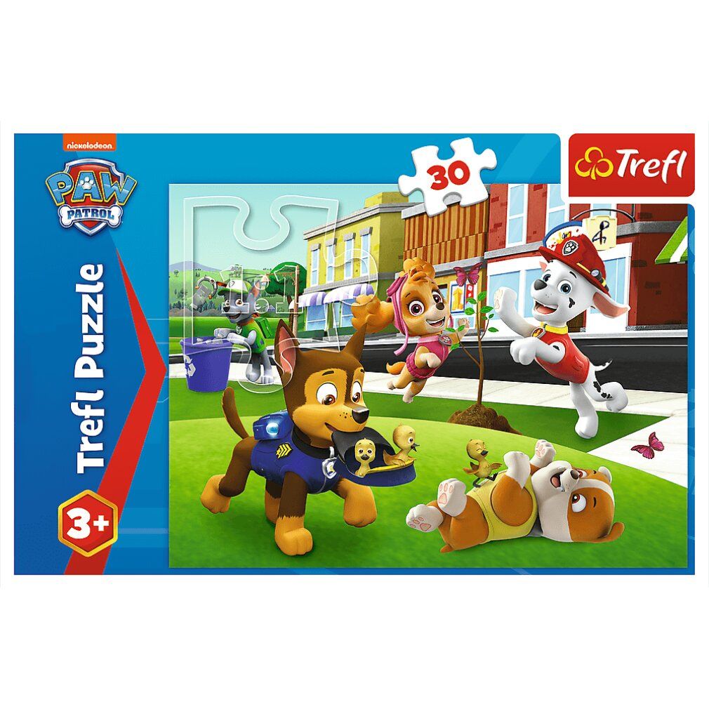 Scatola puzzle Paw Patrol. Stampa: 30 pezzi, logo Trefl. Rappresentati cani in azione. Età consigliata: 3+.