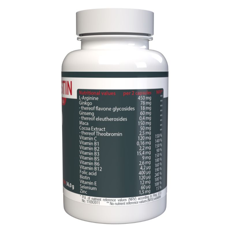 Retro del flacone bianco con informazioni nutrizionali. Elenco di ingredienti come L-Arginina, Ginseng, vitamine e minerali.