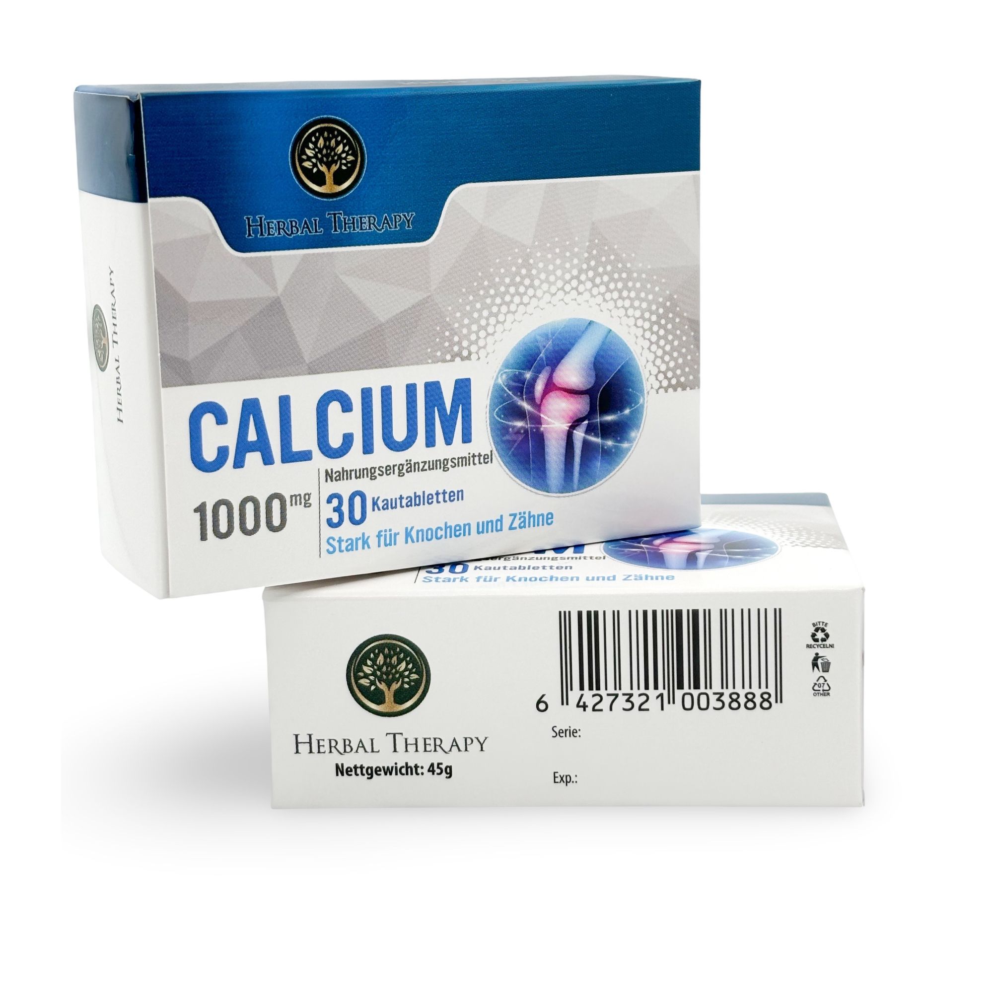 Due confezioni Herbal Therapy KALZIUM 1000 mg. Una aperta, l'altra sotto. Codice a barre e informazioni sul prodotto.