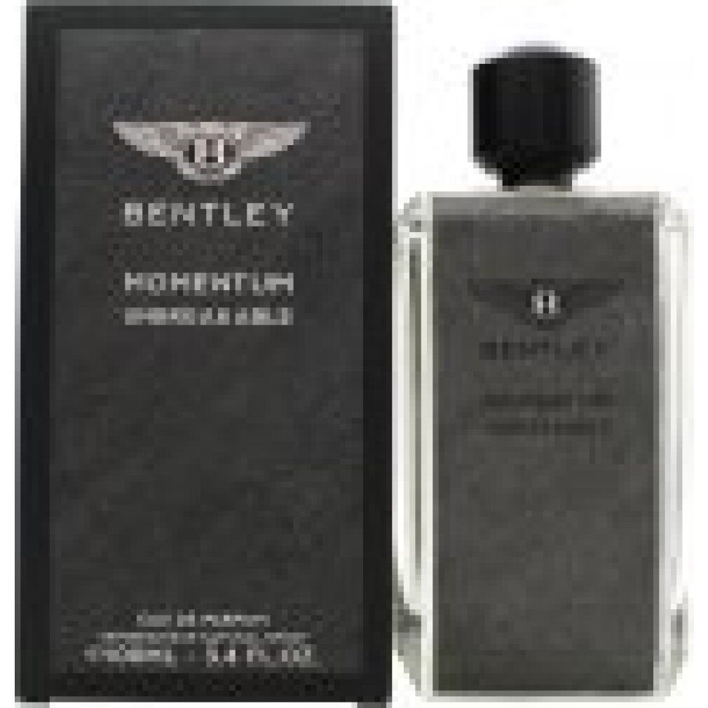 Bentley Momentum Unbreakable EdP Nat. Spray. Flacone e confezione neri. Logo e testo. Forma squadrata.