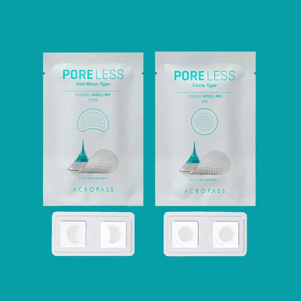 Due confezioni ACROPASS Poreless. Tipo Half Moon e Circle. Due contenitori con prodotto. Sfondo turchese.