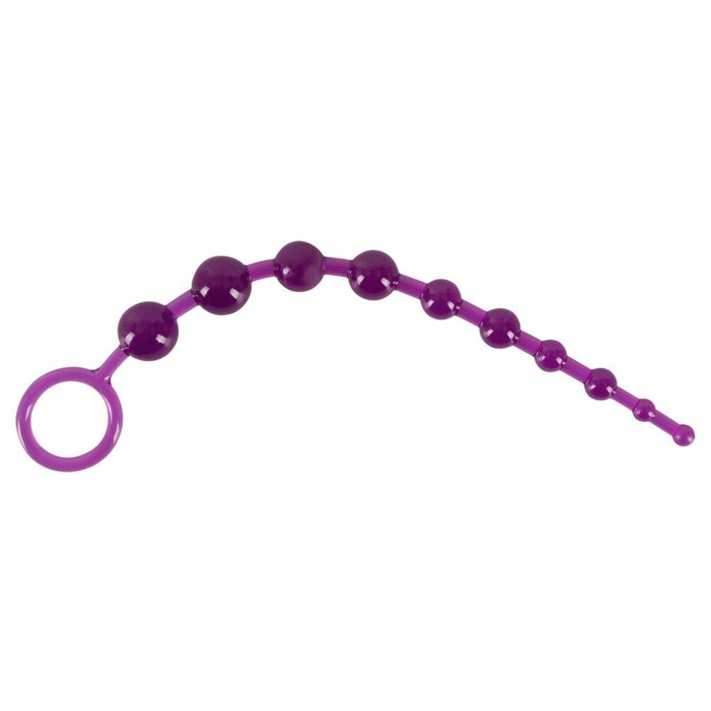 Una catena di perle viola con un anello all'estremità.
