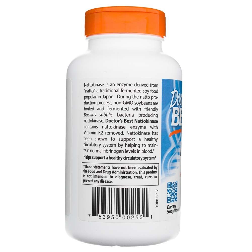 Retro di una bottiglia Doctor's Best Nattokinase con descrizione del prodotto e codice a barre. Vegano.
