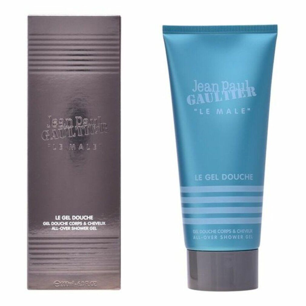 Confezione e tubo del prodotto. Marchio Jean Paul Gaultier, nome prodotto Le Male Le Gel Douche. Tubo turchese, tappo grigio.
