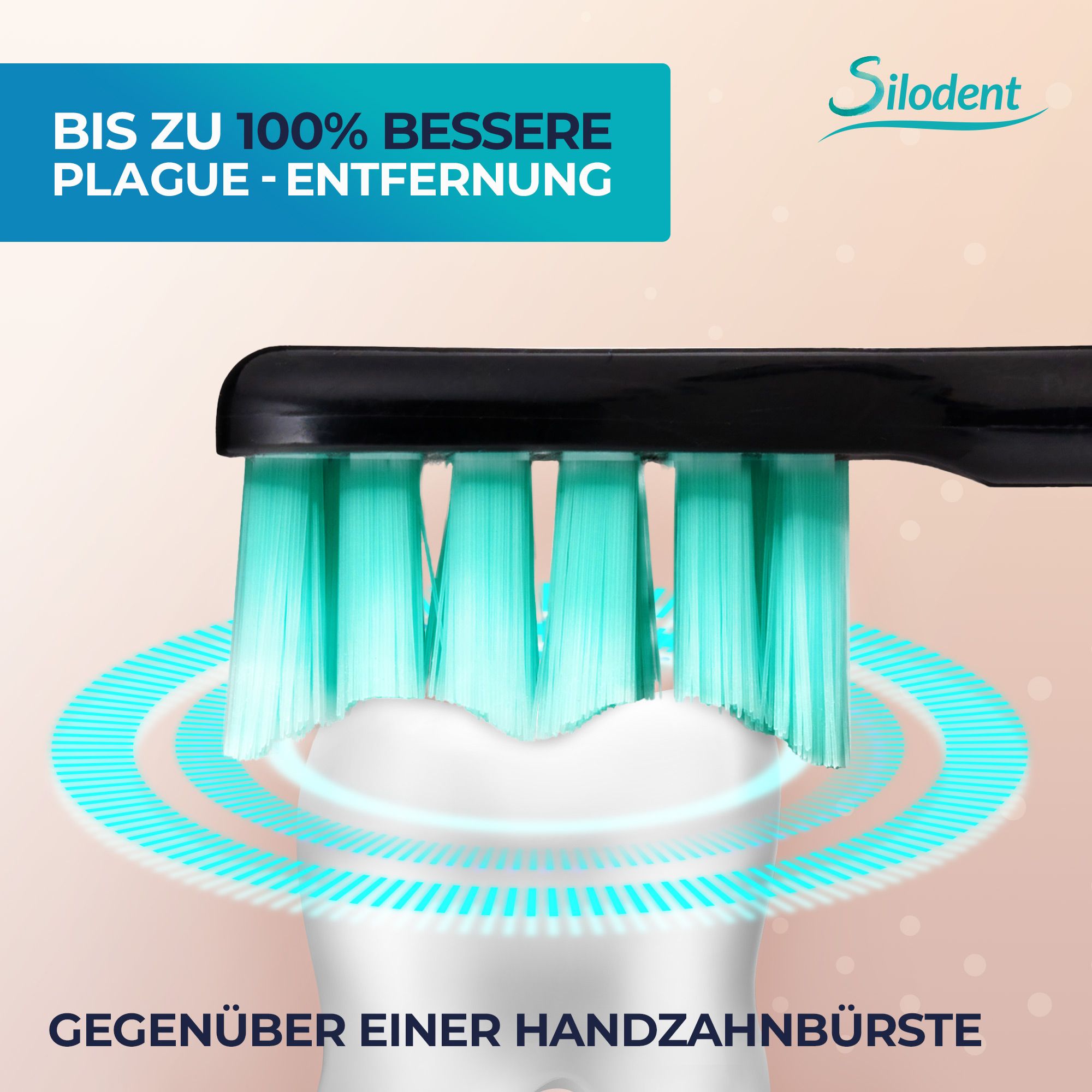 Spazzolino sonico Silodent: fino al 100% di rimozione placca in più rispetto agli spazzolini manuali.