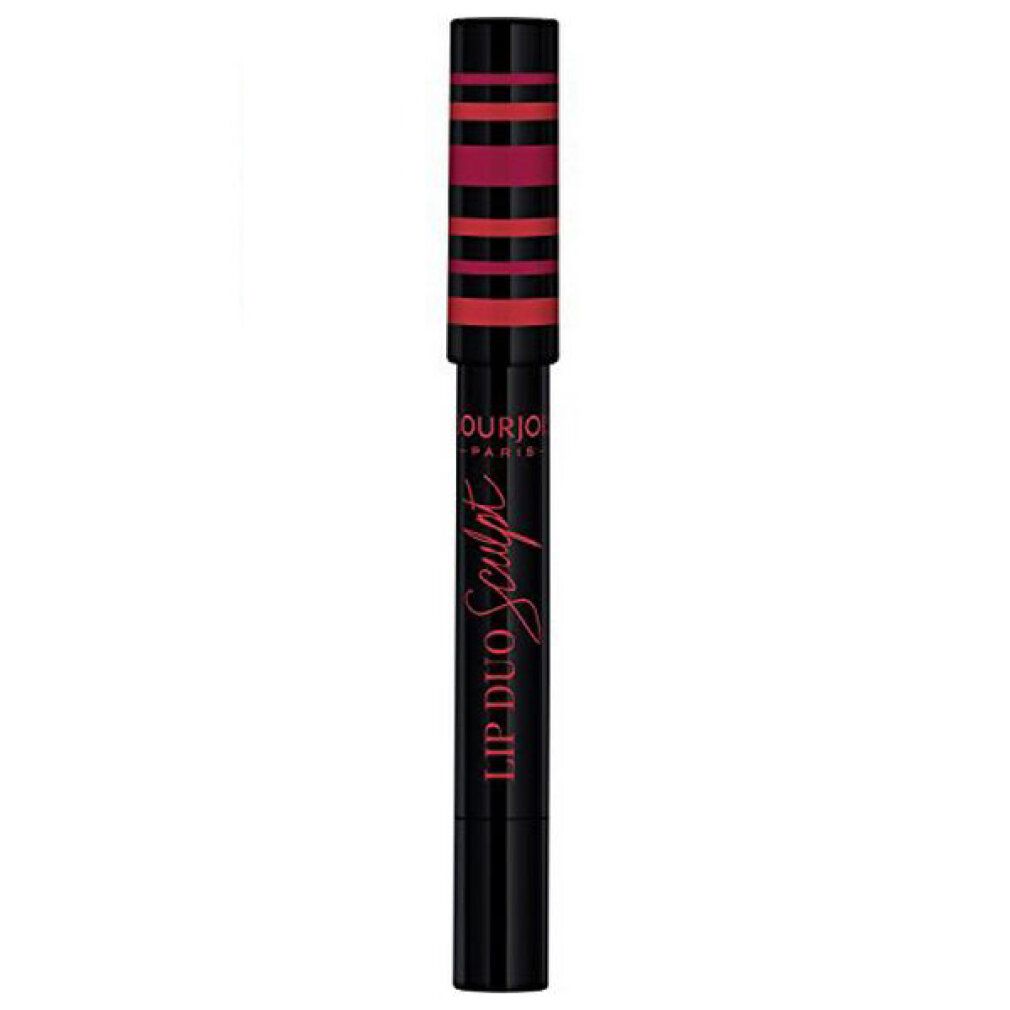 Duo rossetto con astuccio nero. Il cappuccio a strisce rosa e rosse è in posizione. Il rossetto è chiuso.