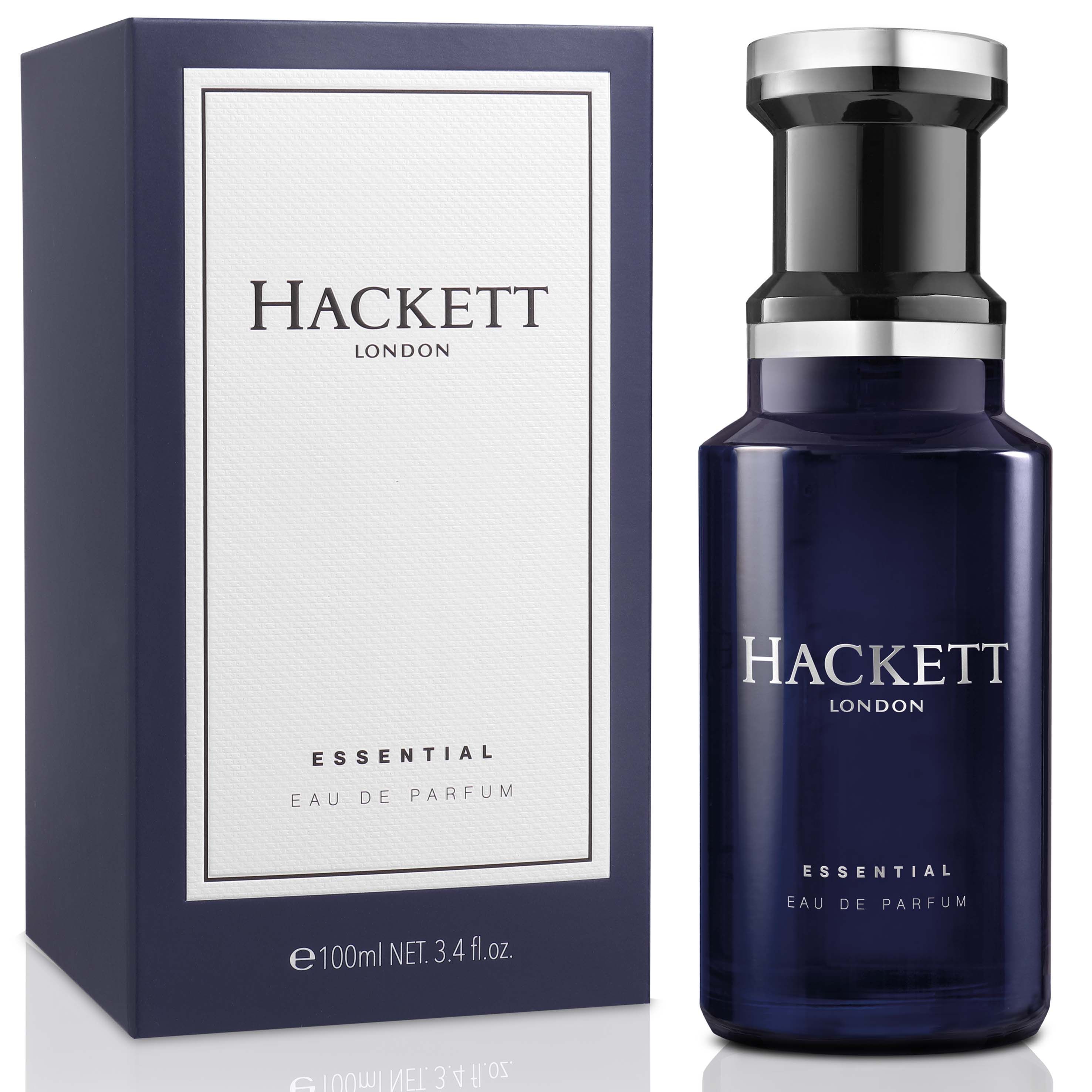 Flacone e scatola blu scuro. Scritta: HACKETT LONDON, ESSENTIAL Eau de Parfum. Flacone con tappo argentato.