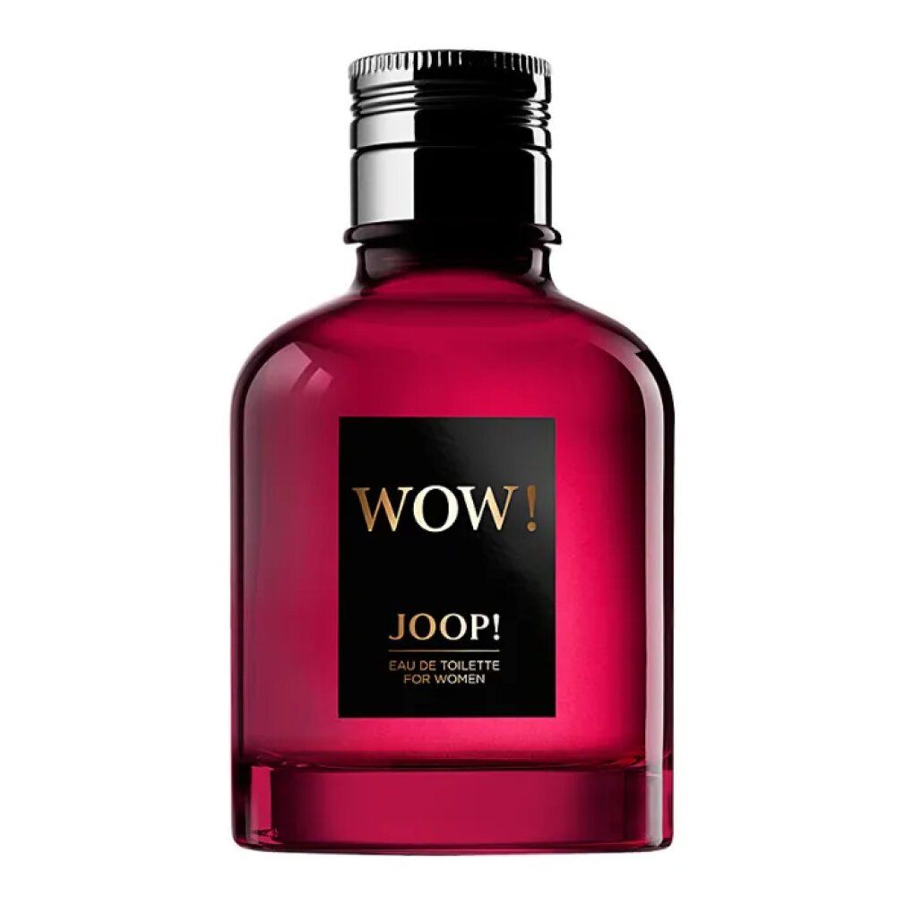 Flacone rosso con etichetta nera. Scritta "WOW!" e "JOOP!". EdT per donne. Tappo nero.