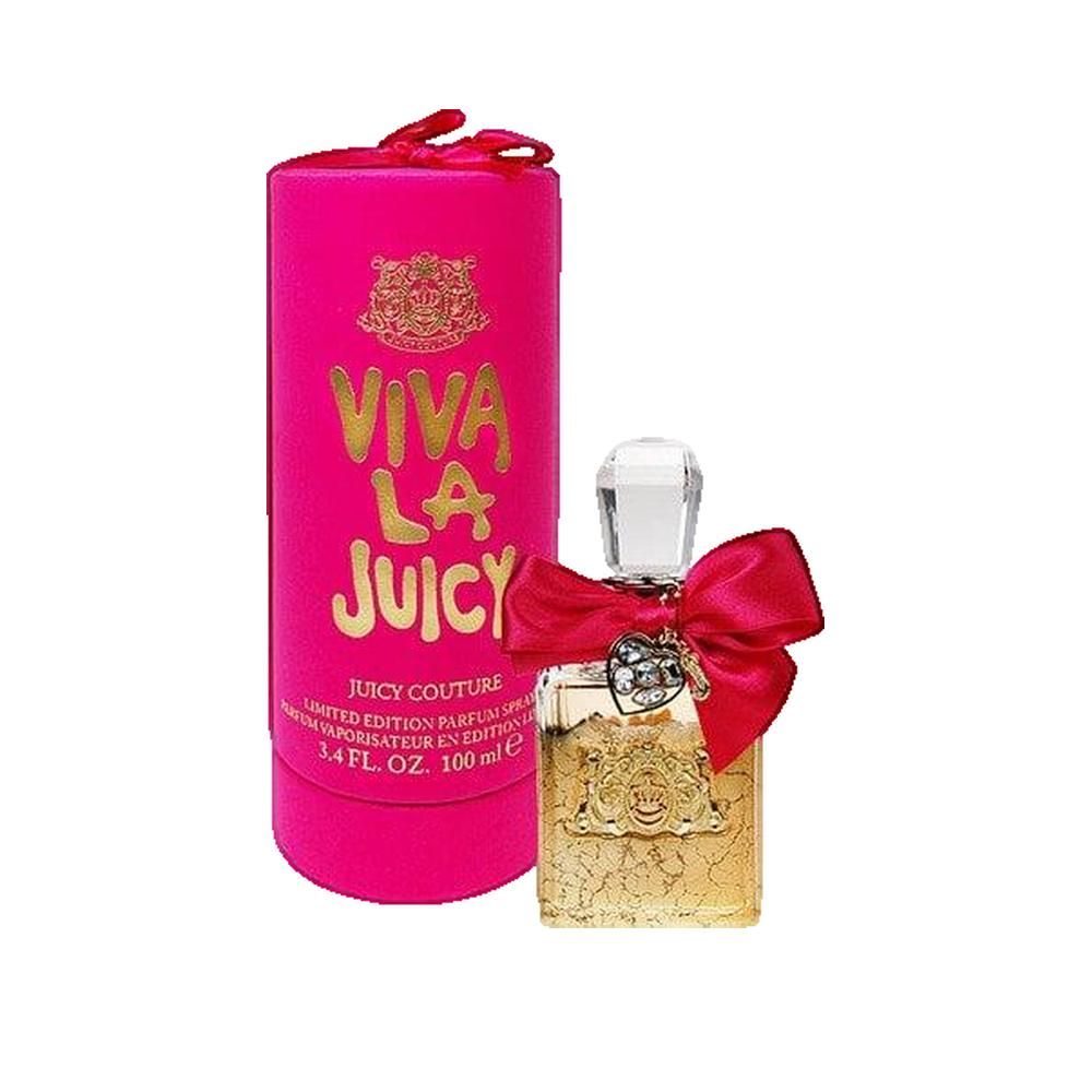 Confezione cilindrica rosa con scritta dorata: Viva La Juicy. Flacone rettangolare con fiocco rosso. Tappo di cristallo.