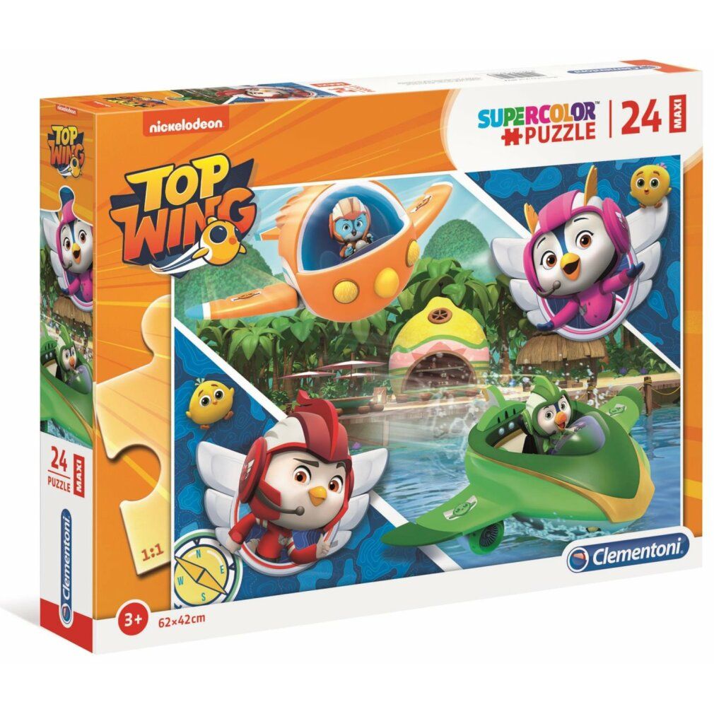 Scatola puzzle Clementoni. Mostra il puzzle Top Wing da 24 pezzi. Con logo, nome del prodotto e raccomandazione di età.