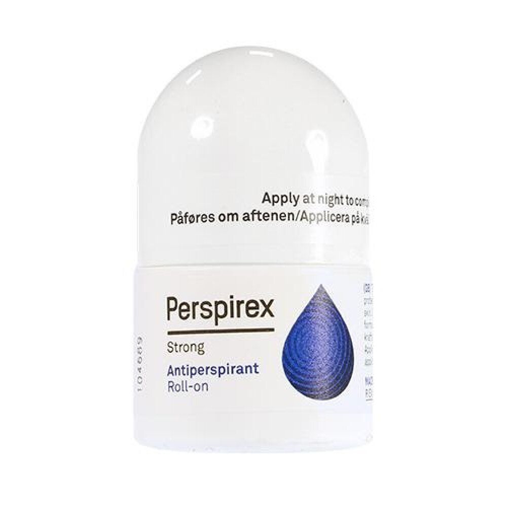 Roll-on bianco con design a goccia blu. Scritta: Perspirex Strong Antitranspirant Roll-on. Testo: Apply at night to...